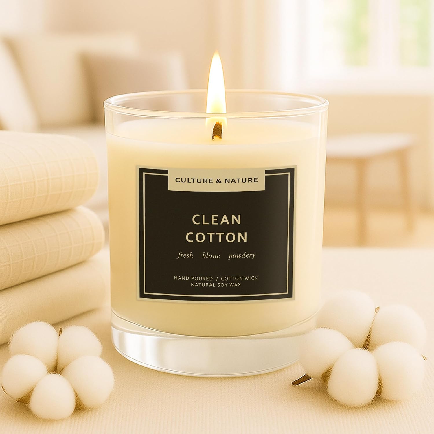 CULTURE & NATURE Natural Soy Wax Candle 7oz Clean Cotton Scented