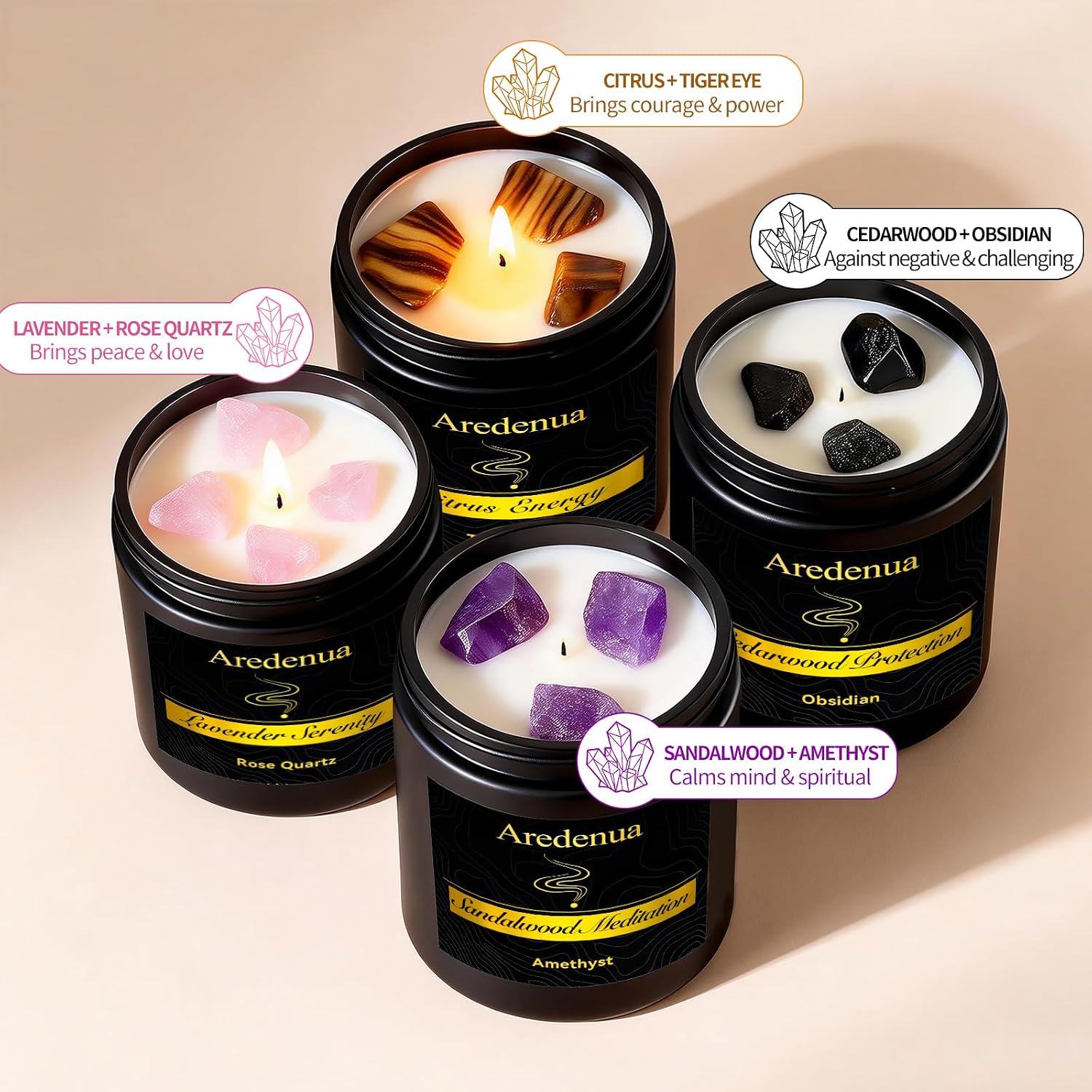 Scented Candles Set, 4 Pack Crystal Healing Candles with Rose Quartz Amethyst Tiger Eye Obsidian, 7oz Natural Soy Wax Candles, Lavender Citrus Sandalwood Cedar, Meditation Gifts for Women Men
