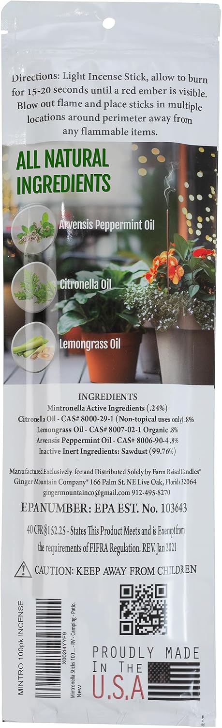 Mintronella USA Made Citronella & Peppermint Mosquito Repellent Incense Sticks – 100 Pack – Natural Bug & Insect Repellent – Outdoor Camping, Patio Decor – No‑See‑Um & Gnats, Fly
