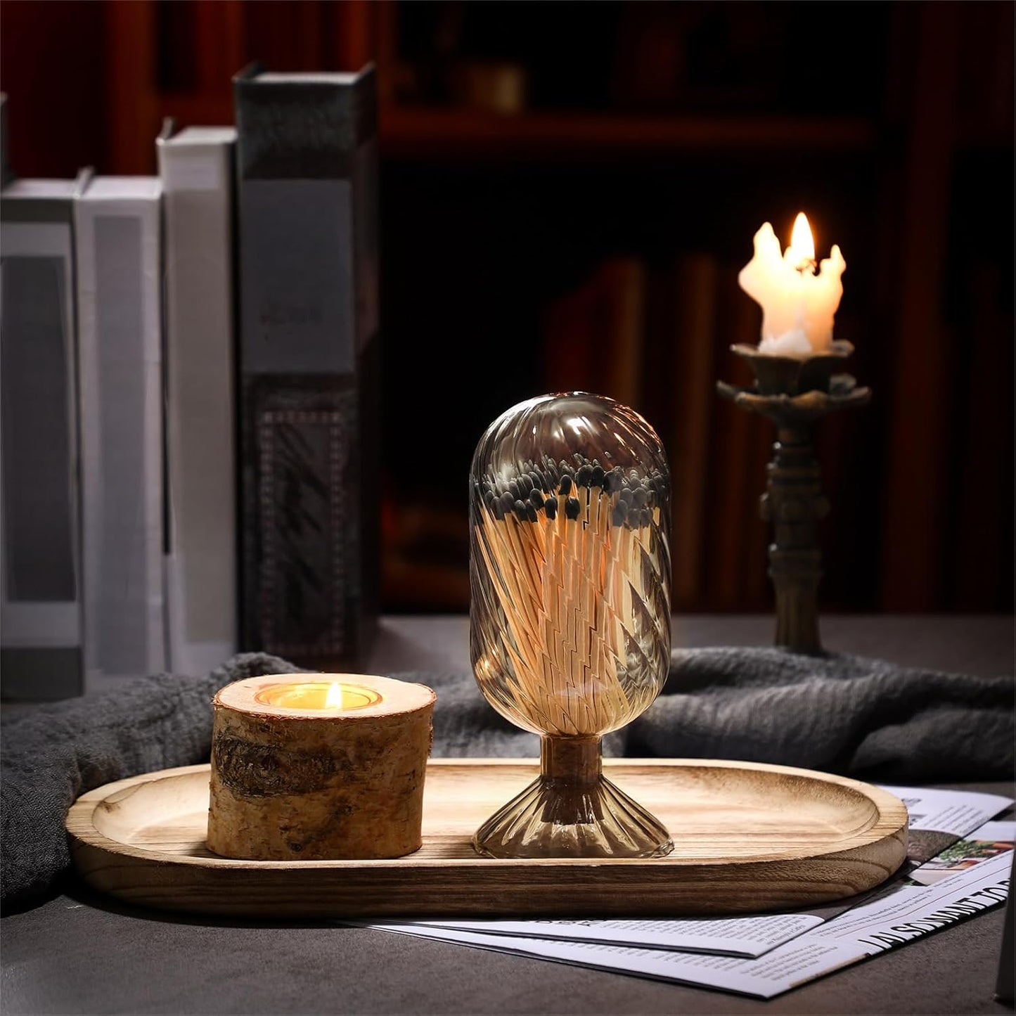 Cinnvoice Helix Shaped Glass Matches Cloche Decorative for 4 Inch Candle Matches Trendy Fireplace Display Decor, Not Include Matches(Smoke Grey,2.95 x 6.1 Inch)