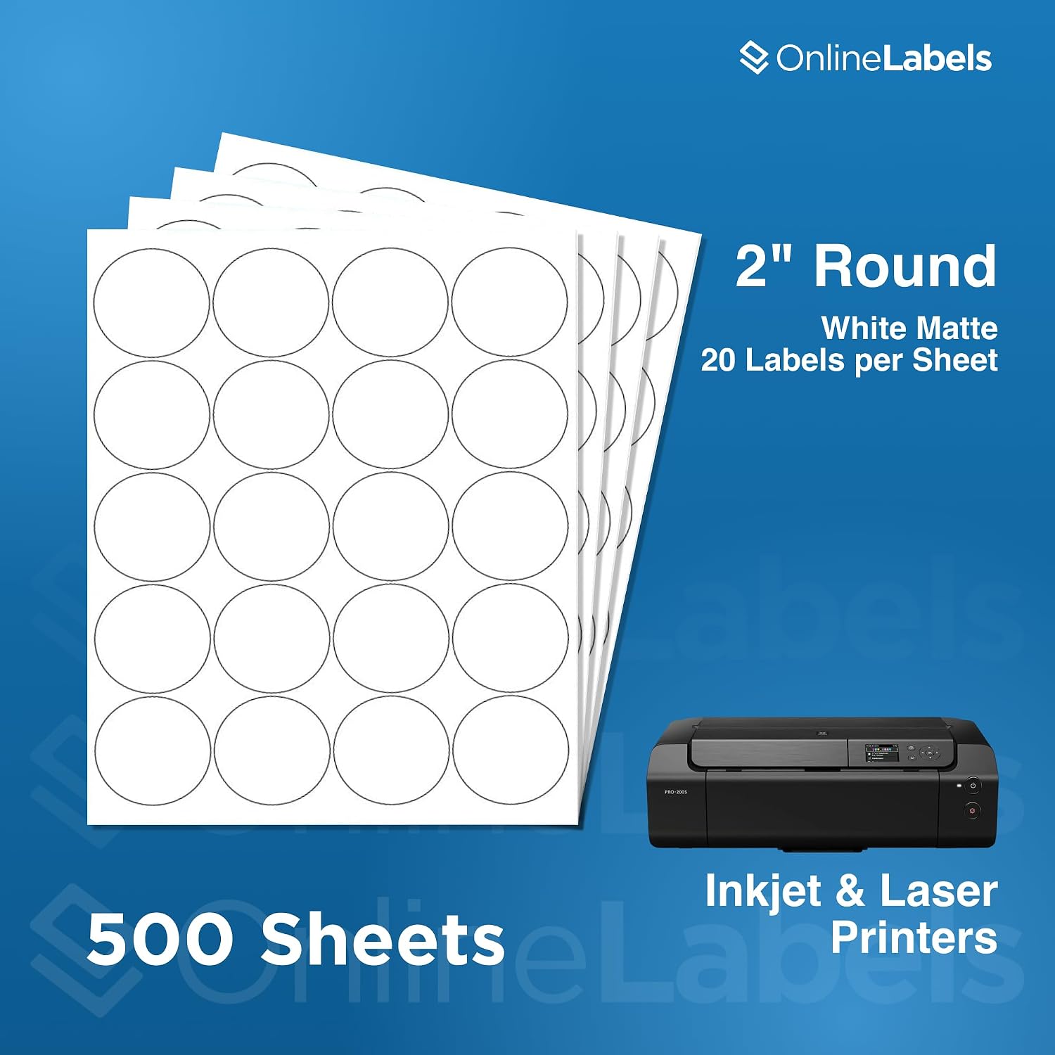 2" Round Labels - Permanent Adhesive, White Matte - Great for Candle and Jar Lids, Products, Favor Labels - Pack of 10,000 Circle Stickers, 500 Sheets - Inkjet/Laser Printers, OL5375WX, OnlineLabels