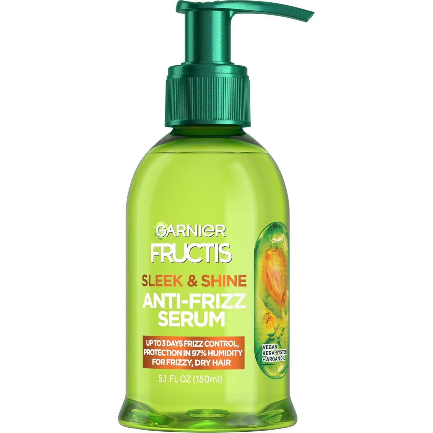 Garnier Fructis Sleek & Shine Anti-Frizz Serum, Leave-In Hair Treatment with Vegan Kera System + Argan Oil, Up to 72HR Frizz Control and Humidity Protection, For Frizzy, Dry Hair, 5.1 Fl Oz
