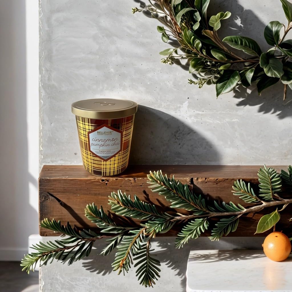 Bellevue Luxury Candles, 12 OZ Fragranced Candle, Soy Blend Wax, Essential Oils, Long-Lasting Burn, Home Fragrances, Aromatherapy Home Scented Candles Scent Cinnamon Pumpkin CHAI