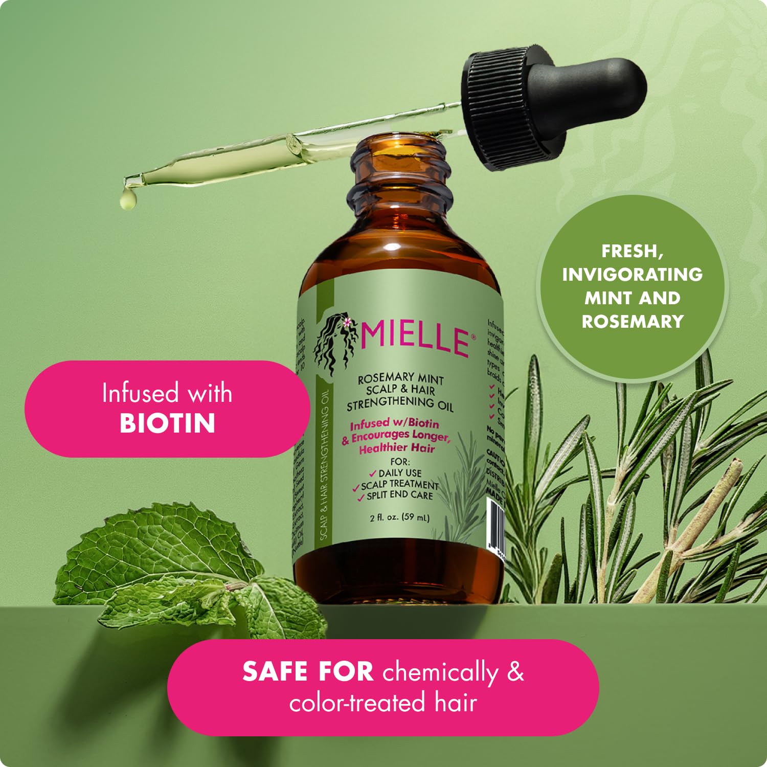 Mielle Organics Rosemary & Mint Hair Oil - Strengthening Biotin Oil Infused Frizzy & Damaged Hair Care - Split Ends & Dry Scalp Treatment to Support Longer, Healthier Strands, 2 Ounce