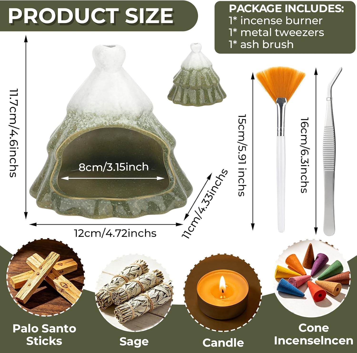 Palo Santo Chimney Palo Santo Holder Ceramic Christmas Tree Incense Holder for Sticks Sage Cones Incense Burner Cute Ceramic Mini Chimney for Meditation Yoga Room Home Decor (Christmas Tree-A)