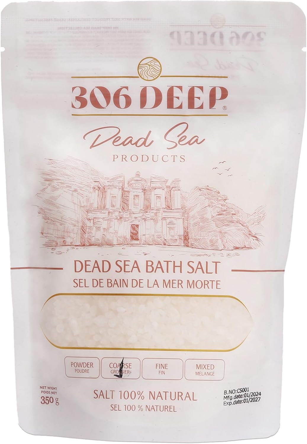 306 Deep Coarse Dead Sea Salts for Soaking - 350 Grams of 2-4 mm 100% Dead Sea Salt Bath for Men and Women, Pure Bath Minerals with Magnesium, Zinc, Potassium for Soaks and Body Scrub