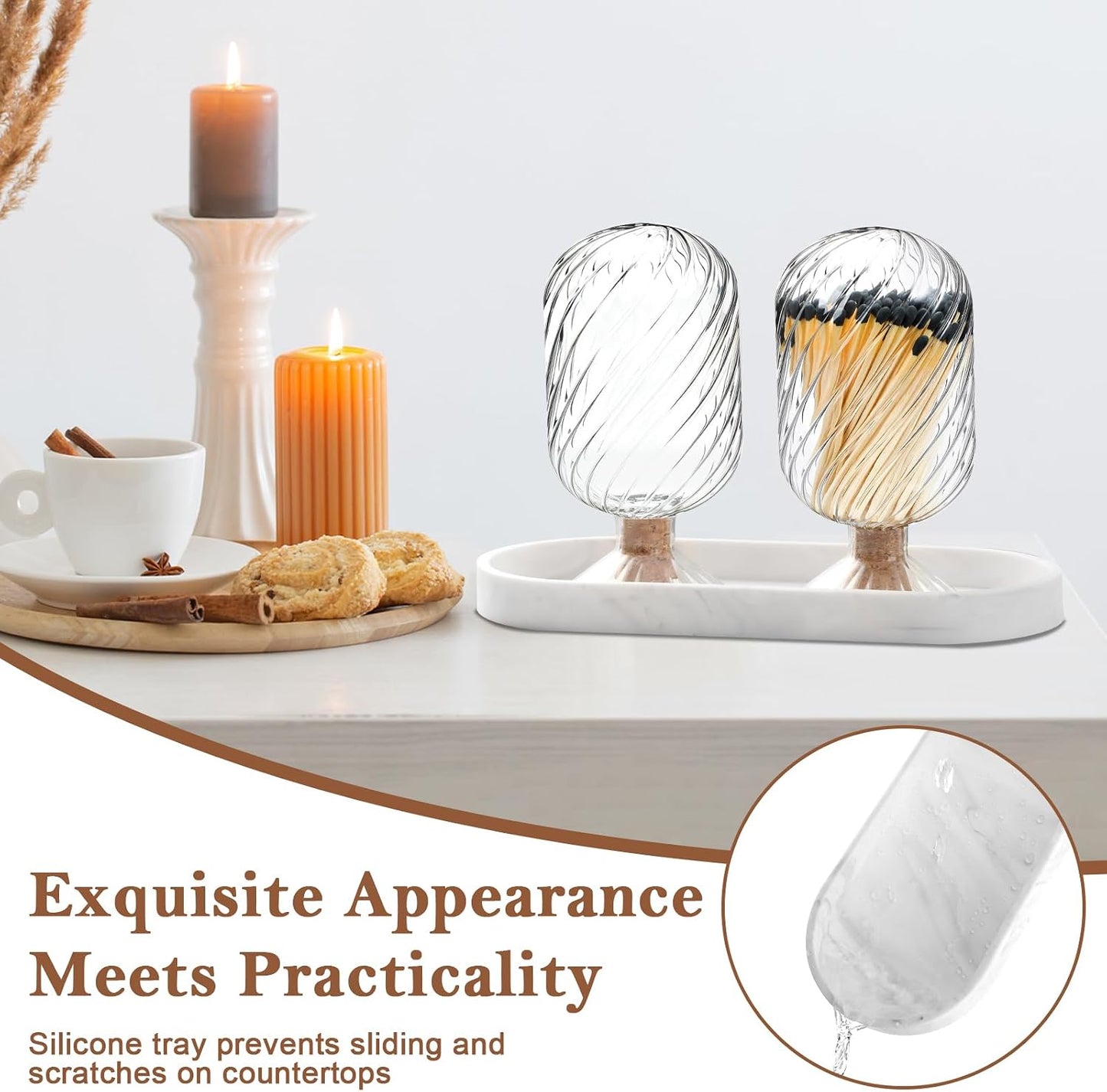2 Pcs Glass Cloche Match Holder for 4 Inch Long Matches with Silicone White Marble Tray Helix Shaped Matches Jar Long Match Box Decorative for Candles Fireplace Bathroom Grill Camping (No Match)