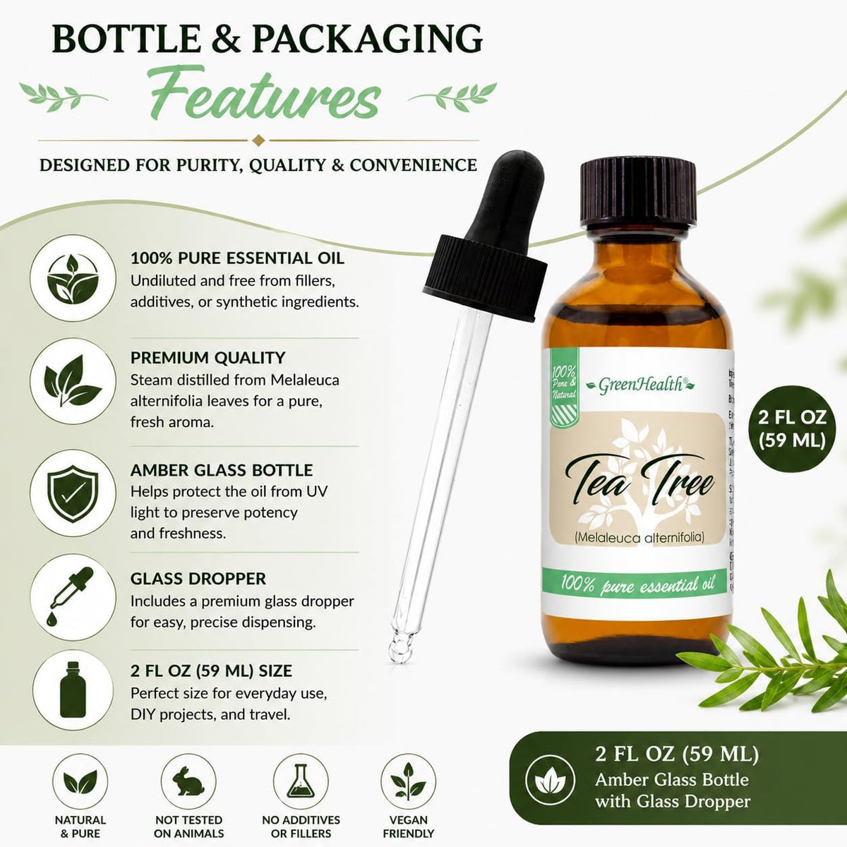 GreenHealth Tea Tree Essential Oil 2 fl oz (59 mL) – 100% Pure &amp; Undiluted Melaleuca Alternifolia Oil – Amber Glass Bottle with Premium Glass Dropper – Aromatherapy, Diffuser, Soap &amp; Candle Making