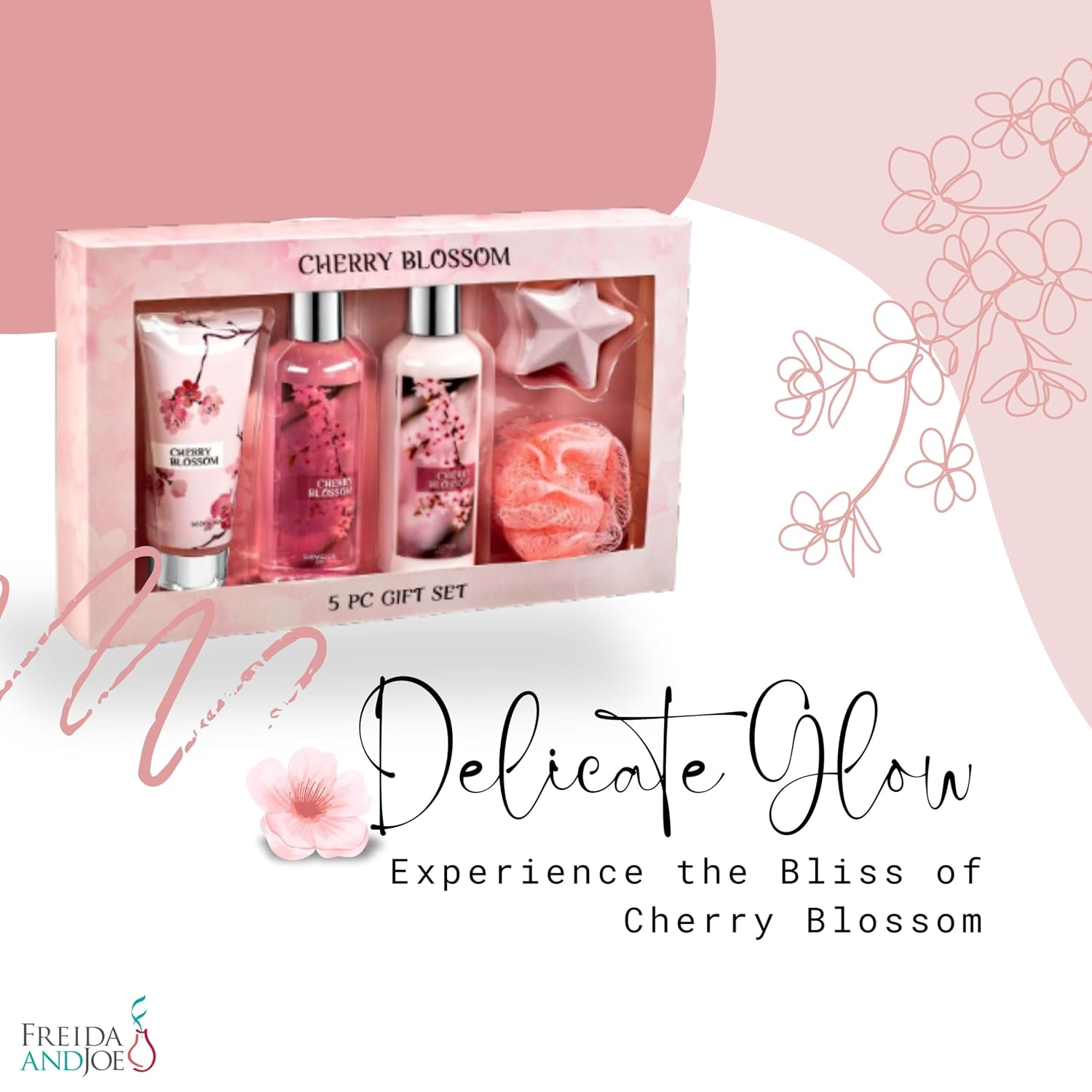 Fragrance Bath & Body Collection Gift Box, Includes Shower Gel, Body Lotion, Body Scrub, Bath Bomb & Sponge (Cherry Blossom) – Mother's Day Gift for Mom