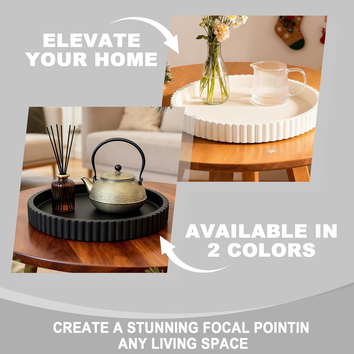 Round Decorative Tray for Coffee Table Decor - Resin Modern Table Centerpieces Decorative Trays for Kitchen, Dining, Living Room, Home Decor Housewarming Gift - Gray