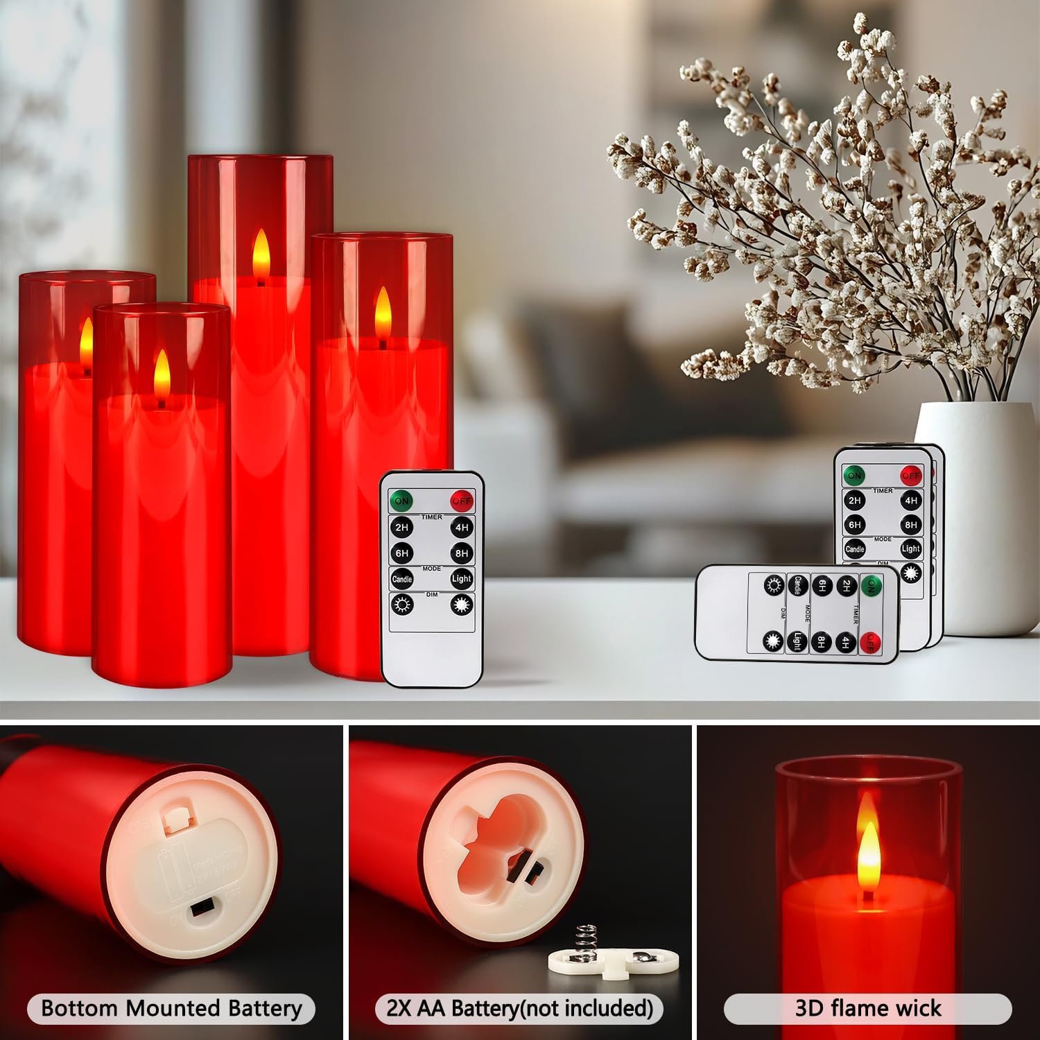 24-Pack Red Acrylic Flameless LED Candles with Remote Control - Realistic Flickering Battery - Operated Candles for Valentine's Day,Home Decor, Weddings, and Parties.
