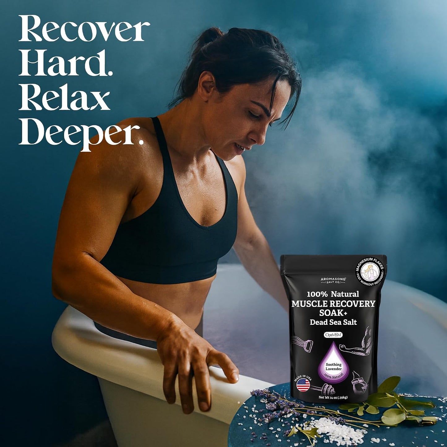 Aromasong Muscle Recovery Bath Soak with Dead Sea Salt, OptiMSM, Magnesium Flakes & Essential Oils for Post Workout Soreness - Made in USA - 14 oz. Bag Bath Salt for Pain Relief.