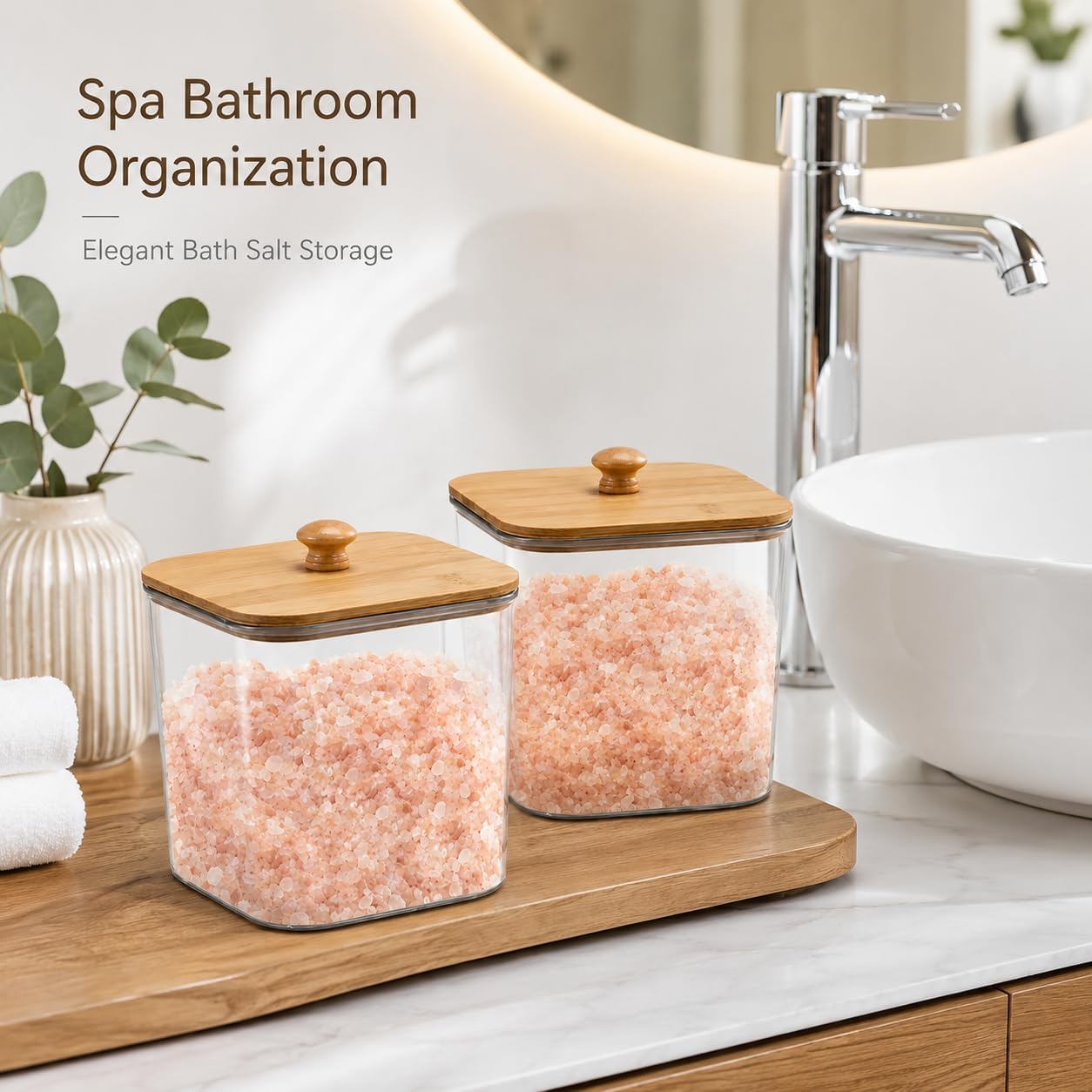 Bath Salt Container,2 Pack Clear Plastic Storage Bathroom Canisters with Wooden Lids & Handle,Airtight Bath Salt Dispenser Jars for Bathroom Organization Accessories,Bathtub Decor Box