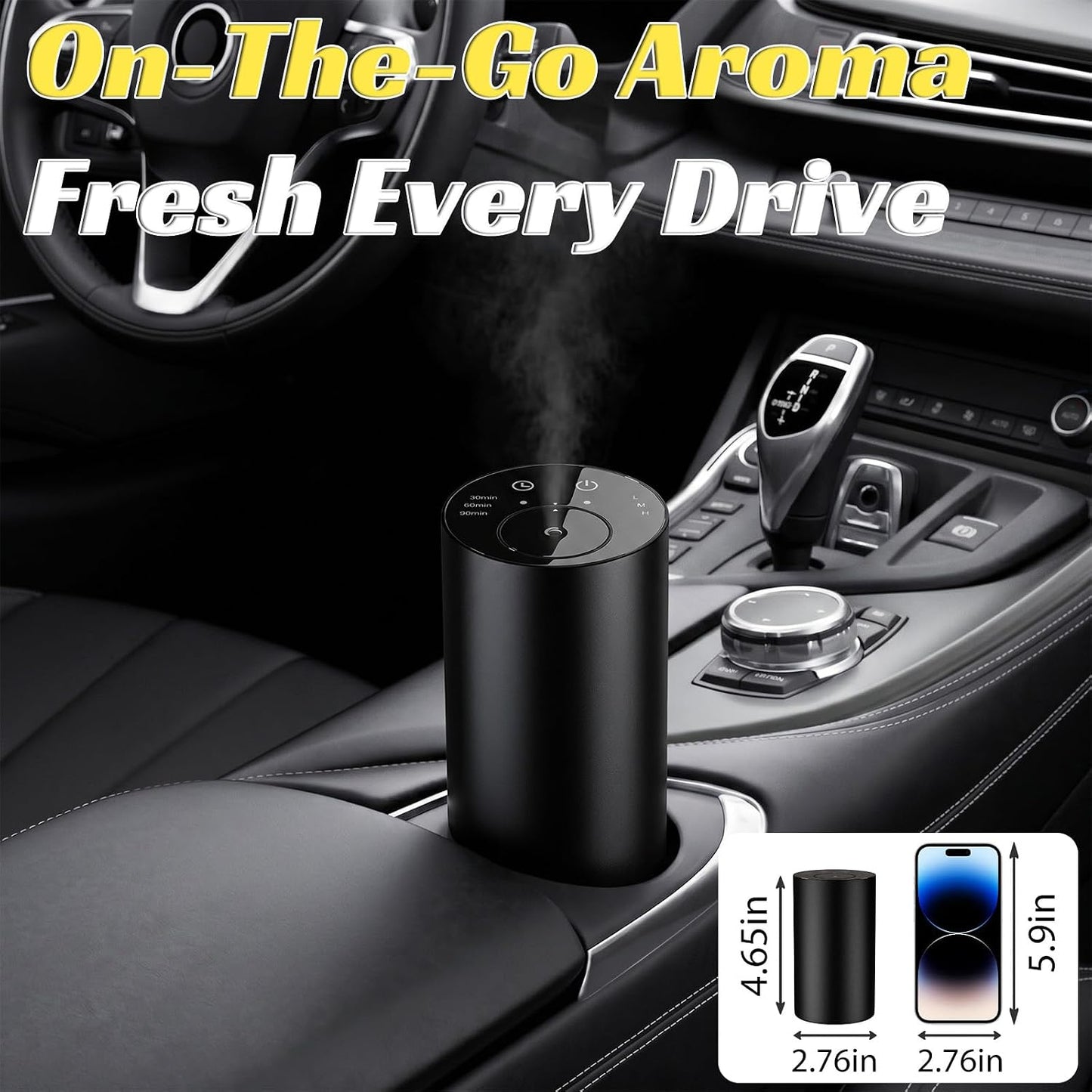 Homease Waterless Essential Oil Diffuser, Portable Cordless Aromatherapy with 3 Timers & Mist Levels, Rechargeable for Home Car Office, Premium Metal Black