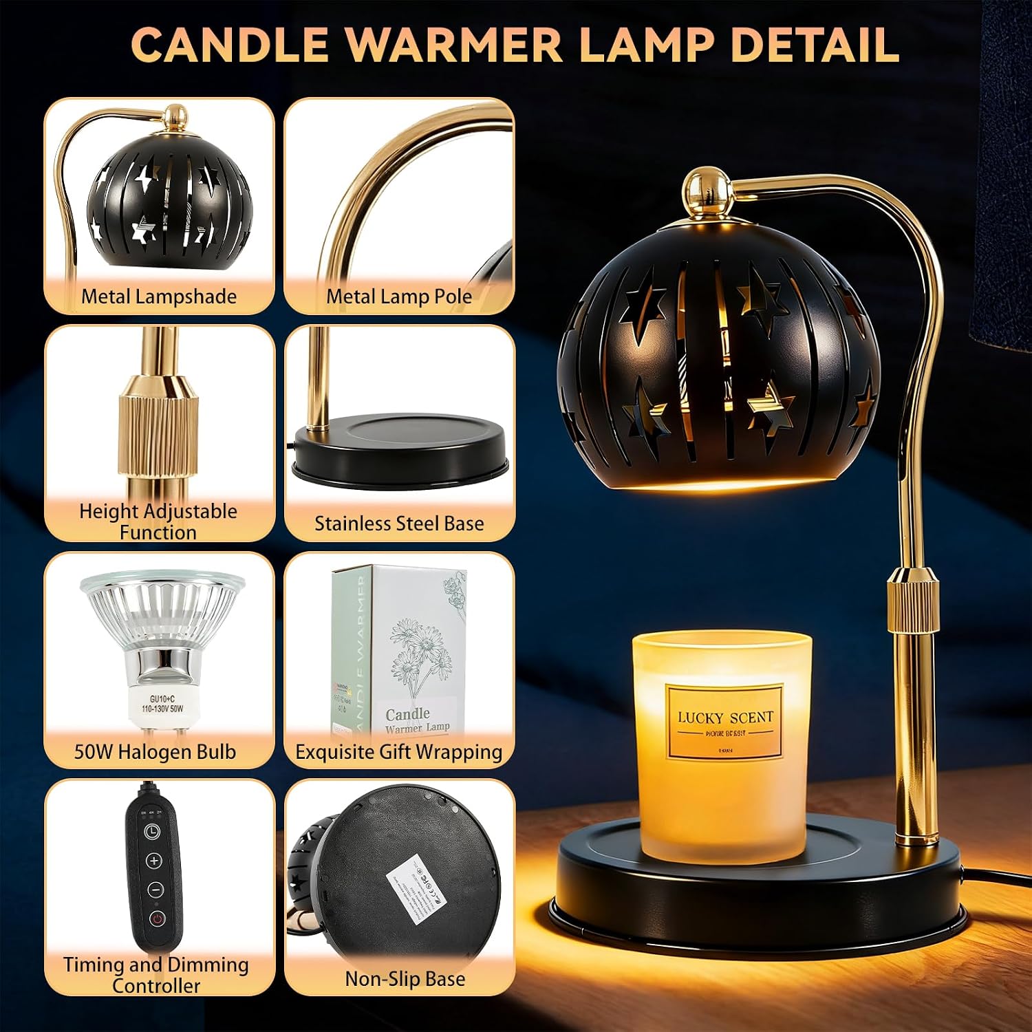 Electric Candle Warmer Lamp with Timer & Dimmer for Bedroom（Candle Not Included, Height Adjustable Candle Warmer with 2 Bulbs, Compatible with Many Sizes Candles, Warming Home Decor Gifts (Star)