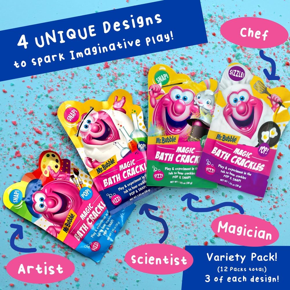 Mr. Bubble Magic Bath Crackles, Fun to add to Bubble Bath to Make Bath Time Exciting for Kids with Colorful Pops and Fizzy Snaps, 1 oz Packet, Pack of 12