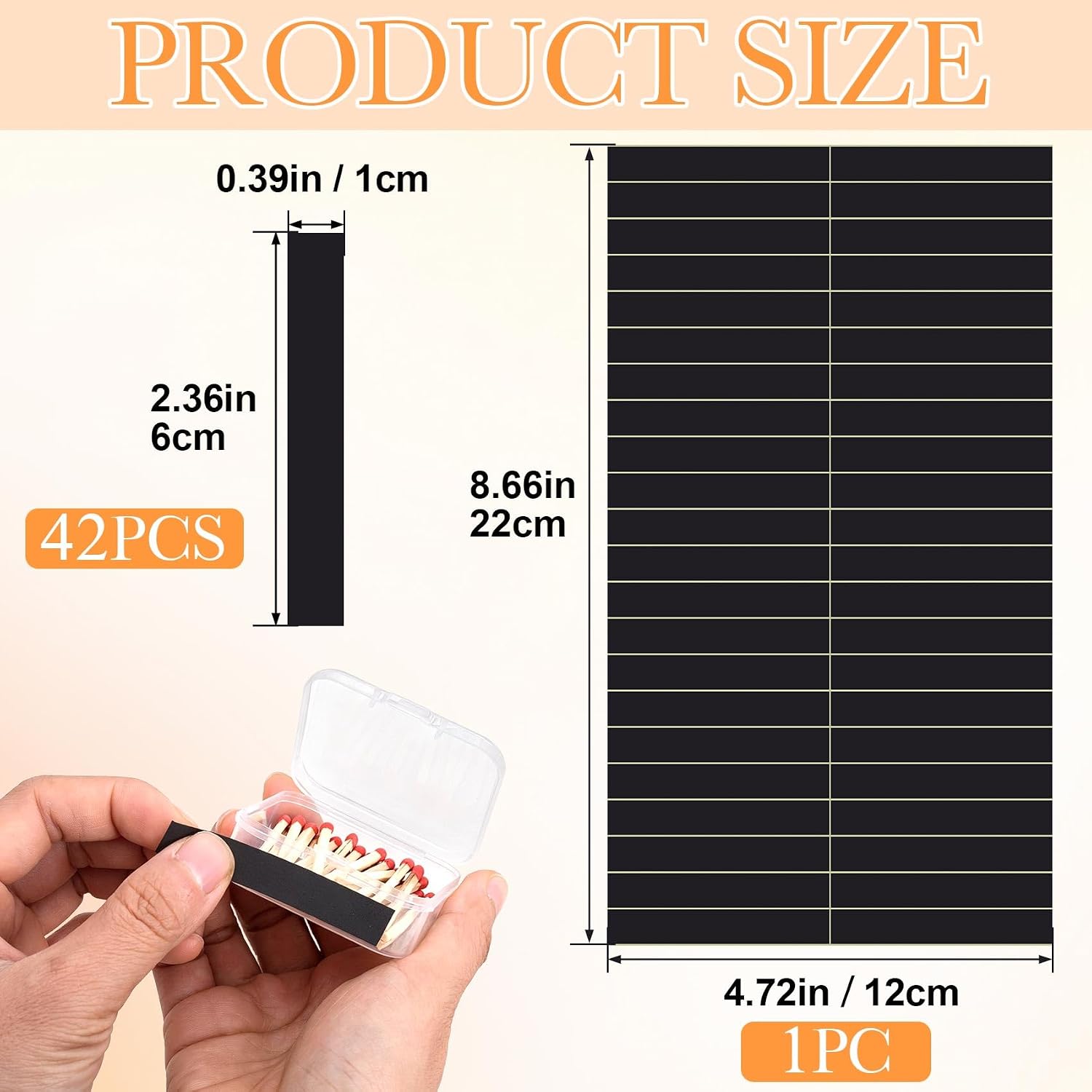 42pcs Match Striker Stickers, Rectangular Adhesive Match Strips for Candles Fireplace Bottles Jars, Portable Matches Striker Strips for Camping Hiking Outdoor DIY Crafts - Black