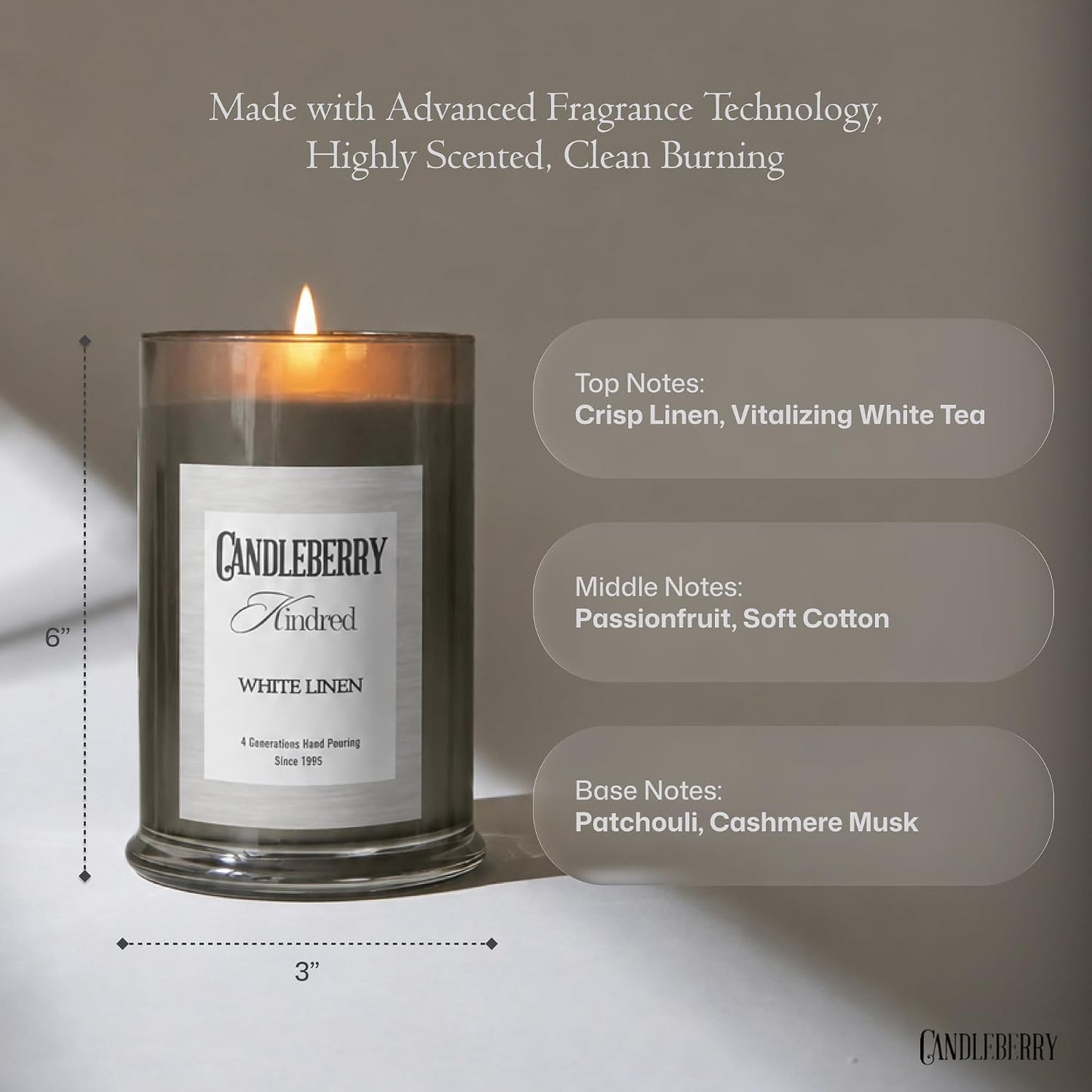Candleberry Candles Kindred Spring Summer Collection | Luxury Glass Jar | USA Hand Poured Soy Blend Candle | Highly Scented & Long Lasting | Up to 90 Hour Burn Time (White Linen)