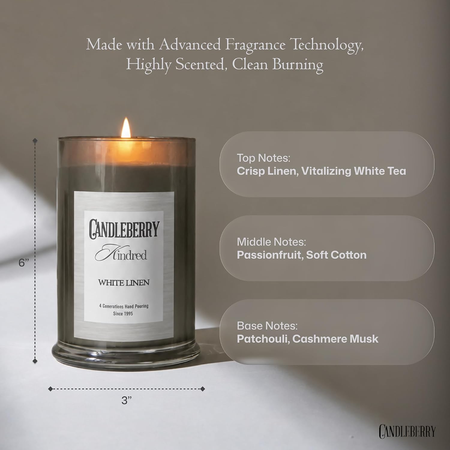 Candleberry Candles Kindred Spring Summer Collection | Luxury Glass Jar | USA Hand Poured Soy Blend Candle | Highly Scented & Long Lasting | Up to 90 Hour Burn Time (White Linen)