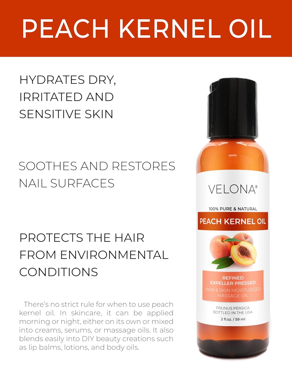 velona Peach Kernel Oil 2 Fl Oz | 100% Pure and Natural Carrier Oil | Refined | Skin, Hair, Body & Face Moisturizing | Use Today - Enjoy Results