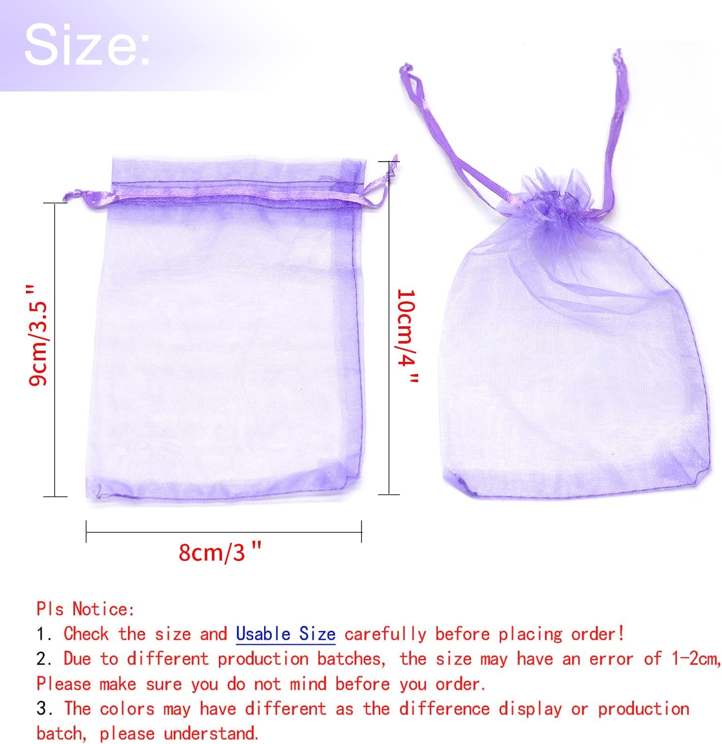 100Pcs Light Purple Organza Bags 3x4 Inch, Small Mesh Bags Drawstring Jewelry Gift Bag, Wedding Party Favor Candy Bag Lavender Sachet Pouches