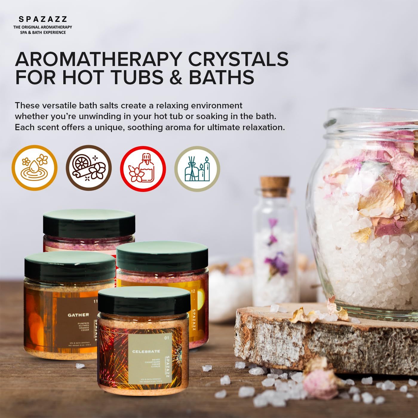 Spazazz Hot Tub Aromatherapy Memories Collection Bath Salts Set Four-4 Oz Pack - Love, Holiday, Celebrate, Gather - Spazazz Hot Tub Crystals and Bath Salts are Oil-Free & Safe for All Spas