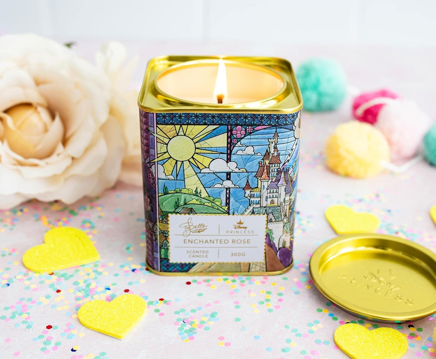 Disney Princess Home Collection Belle 11-Ounce Scented Tea Tin Candle with Enchanted Rose Fragrance | 28-Hour Burn Time | Home Decor Housewarming Essentials, Cute Gifts and Collectibles