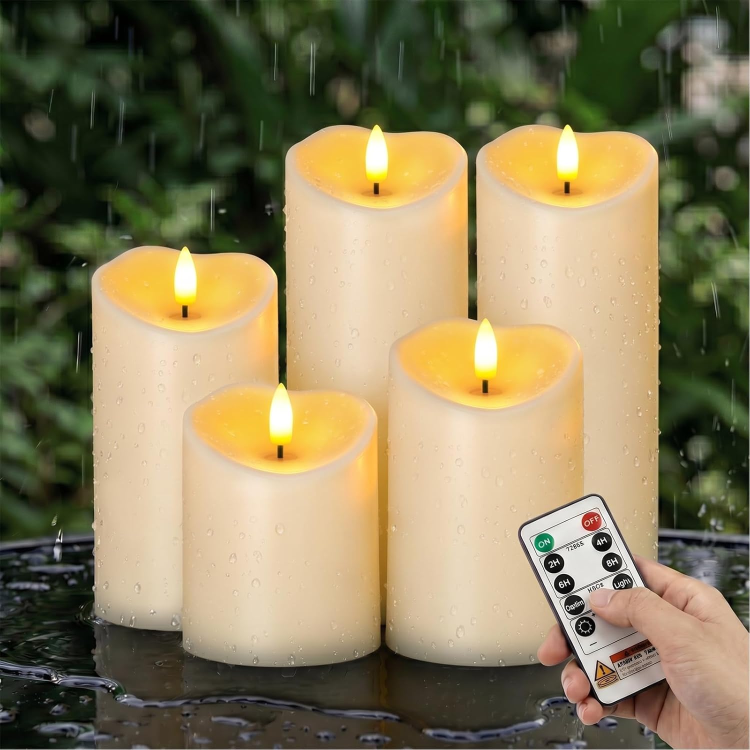 Amagic IP65 Waterproof Outdoor Flameless Candles with Remote, LED Candles Battery Operated with Timer, Flickering Fake Pillar Candle for Outside Patio Yard Decor, Dark Ivory, D3 X H4 5" 6" 8" 8"