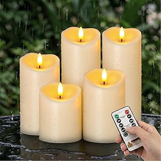 Amagic IP65 Waterproof Outdoor Flameless Candles with Remote, LED Candles Battery Operated with Timer, Flickering Fake Pillar Candle for Outside Patio Yard Decor, Dark Ivory, D3 X H4 5" 6" 8" 8"