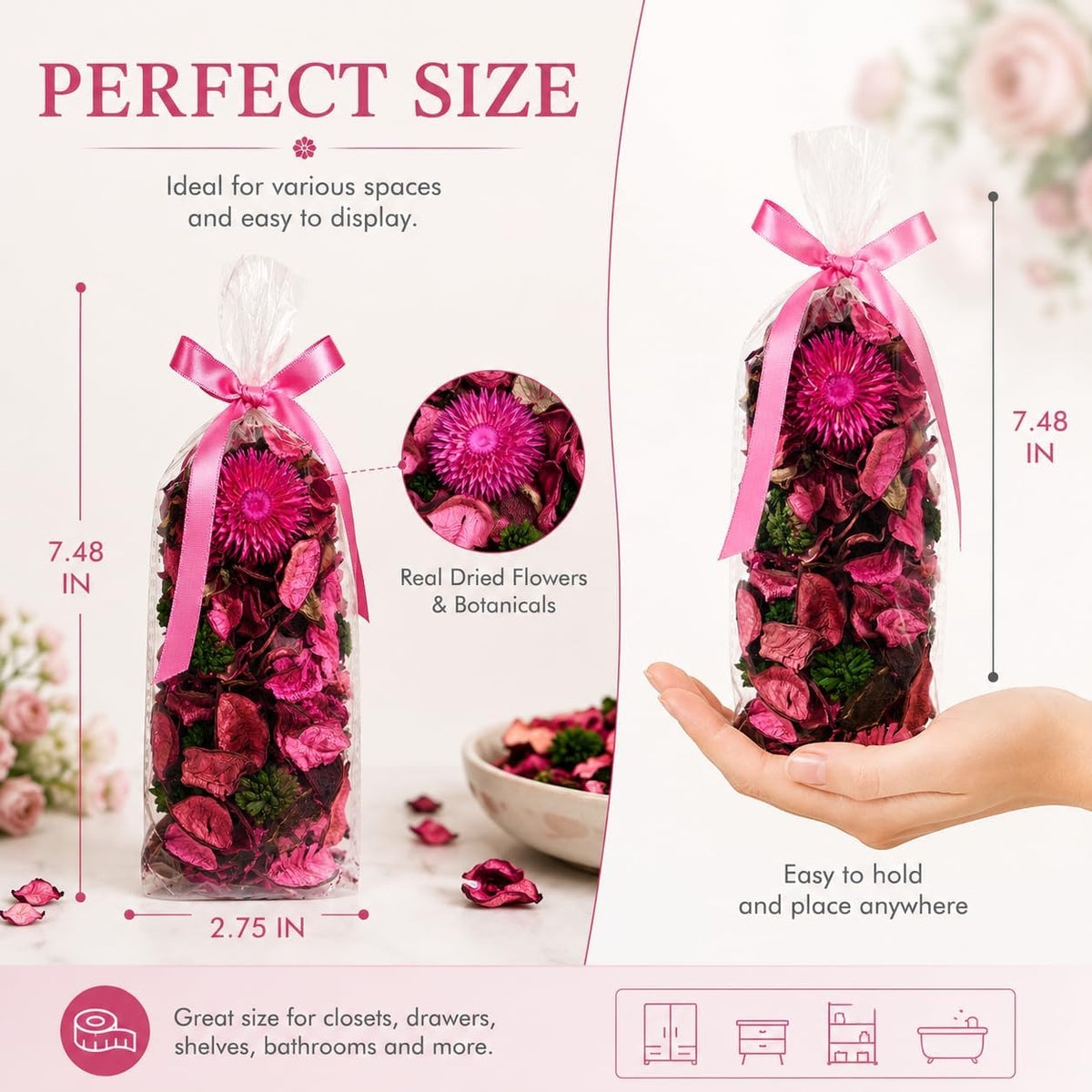 Pink Potpourri Bags, Dried Flower Sachets for Home Decor