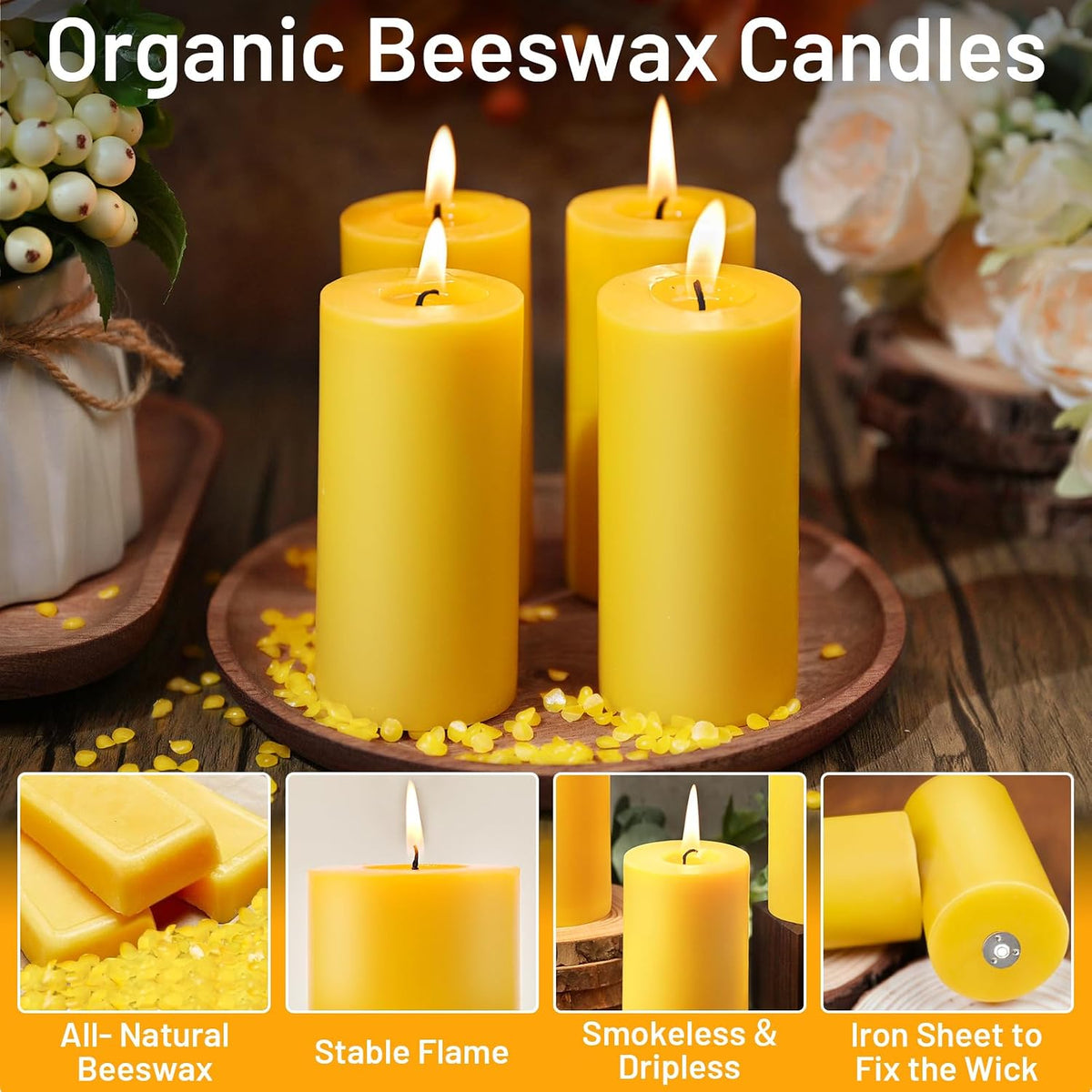 6 Pack Natural Beeswax Pillar Candles
