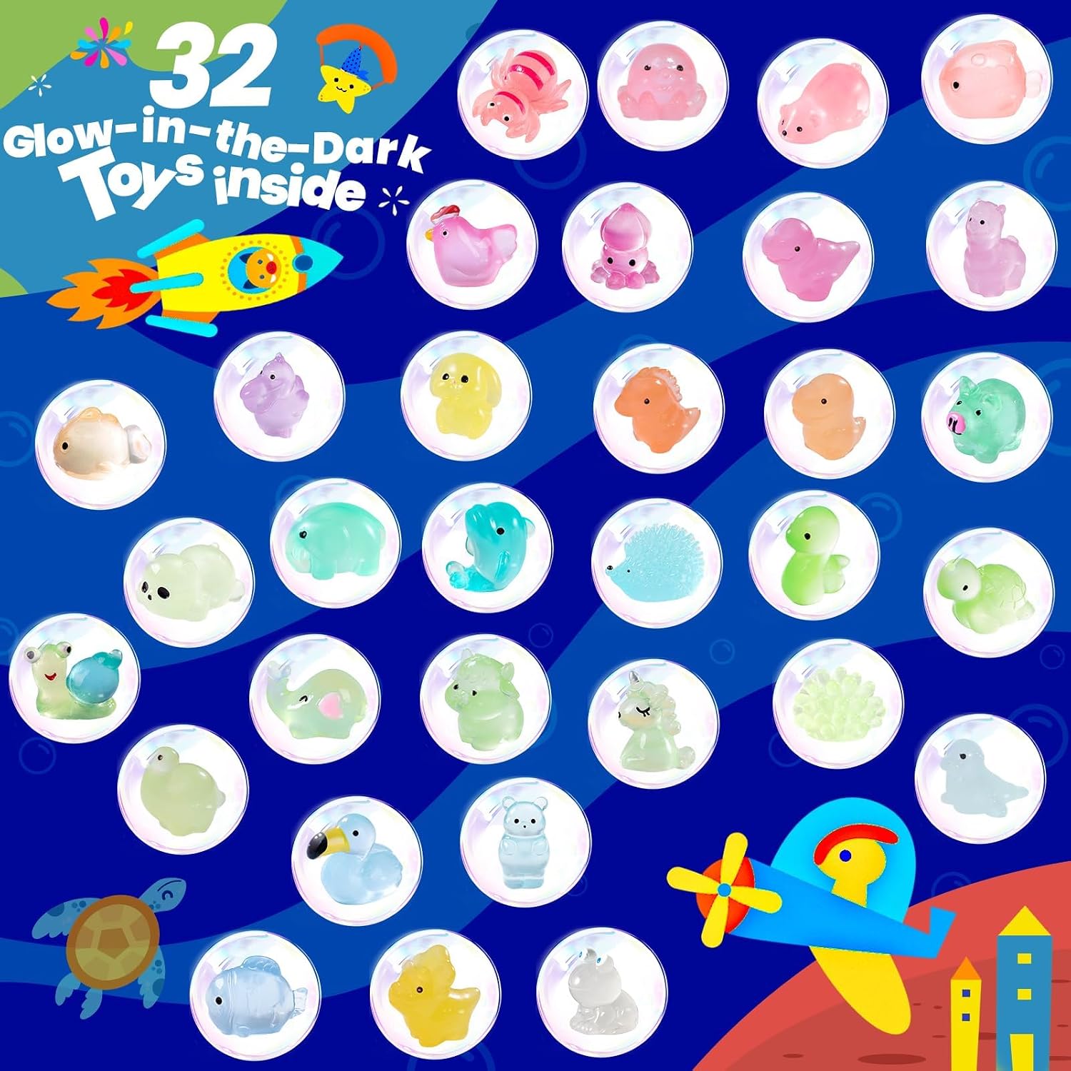 Bath Bombs for Kids with Surprise Inside, 32 Pack 1.8-Inch Fizzy Bath Bombs with 32 Different Glow-in-the-Dark Animal Toys, Kid-Friendly, Non-Toxic, 8 Scents, Birthday Party Favors & Stocking Stuffers