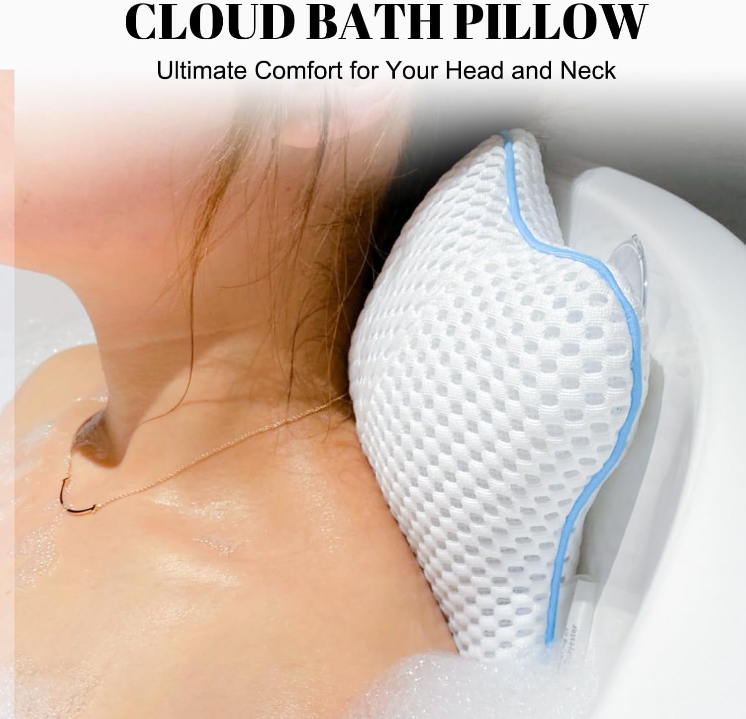 Non Slip Bath Pillow, Luxury Spa Bathtub Head & Neck Rest Support, Permeable Quick Drying Air Mesh Tub Pillow with 4 Large Suction Cups, Fits Any Tubs, Soft and Relaxing (White)