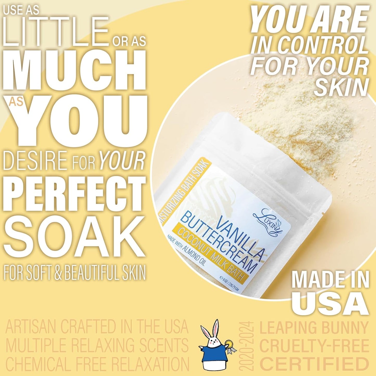 Luxiny Vegan Milk Bath Soak Made with Moisturizing Coconut Milk Powder & Sweet Almond Oil for a Bath Bomb Dust Soothing Fizz & Relaxing Soak, 8 oz. (Vanilla Buttercream)