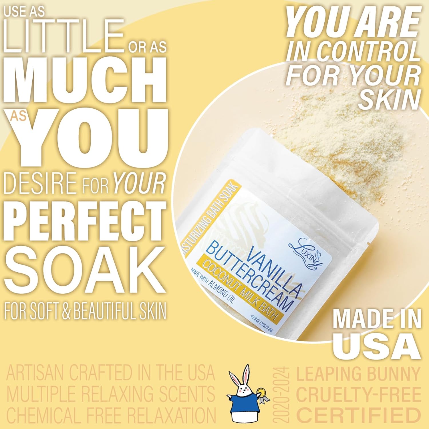 Luxiny Vegan Milk Bath Soak Made with Moisturizing Coconut Milk Powder & Sweet Almond Oil for a Bath Bomb Dust Soothing Fizz & Relaxing Soak, 8 oz. (Vanilla Buttercream)