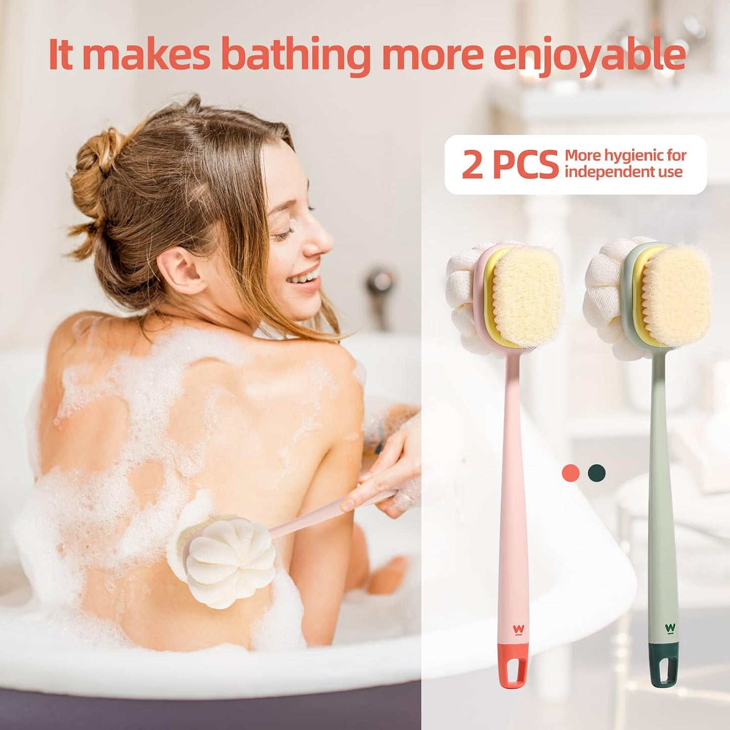 Body Shower Brush with Bristles and Loofah,Back Scrubber Bath Mesh Sponge with Long Handle for Skin Exfoliating Bath, Massage Bristles Suitable for Wet or Dry, Men and Women (Pink & Green)