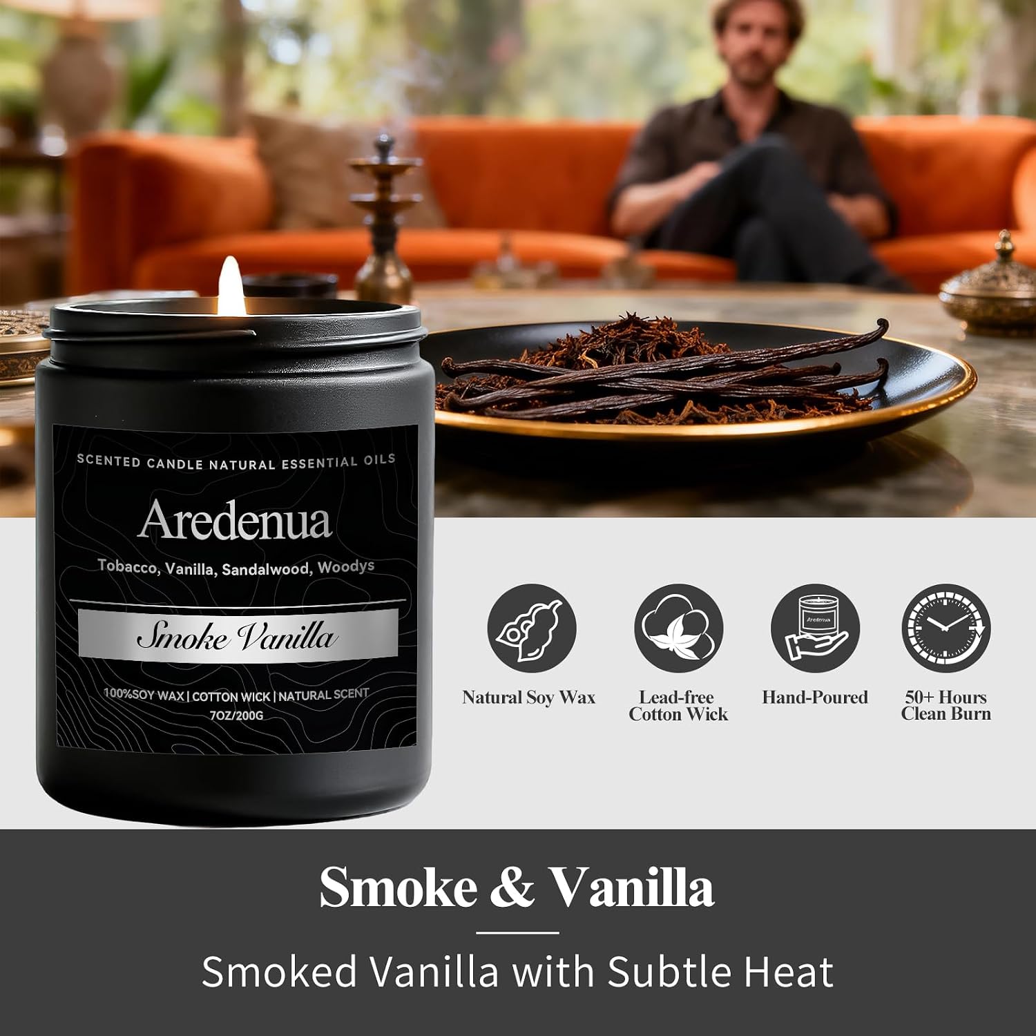 Smoke & Vanilla Candle | Manly Candles for Home Scented, Masculine Soy Candles for Men - 7oz Long Lasting Scented Candle for Home, Aromatherapy Gift for Men & Women