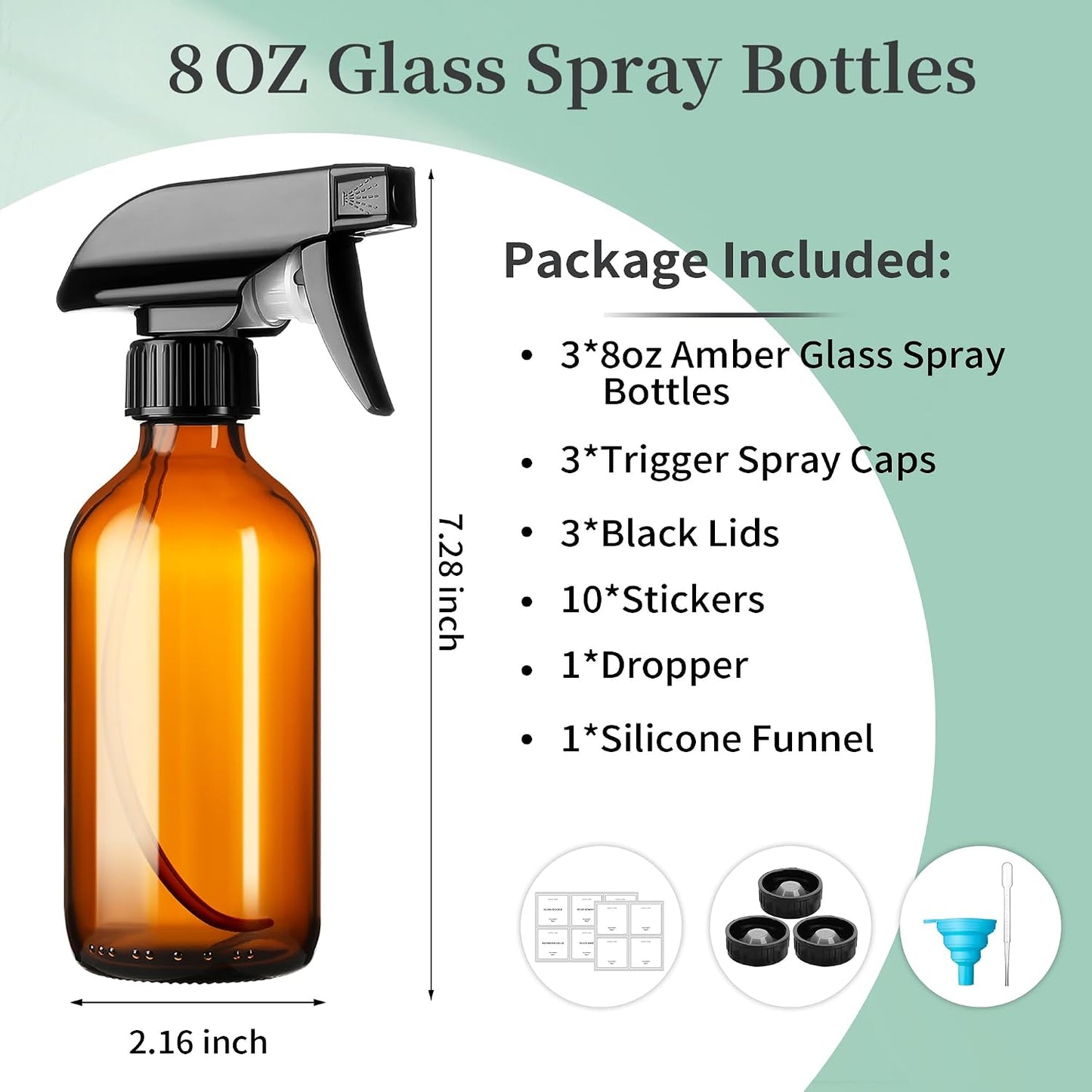 GIVAMEIHF 8oz Amber Glass Spray Bottles,3 Pack Glass Spray Bottles Refillable Empty Bottle with Adjustable Nozzle,Spray Bottle for Essential Oils,Cleaning Solutions,Pets,Hair Mister,Gardening