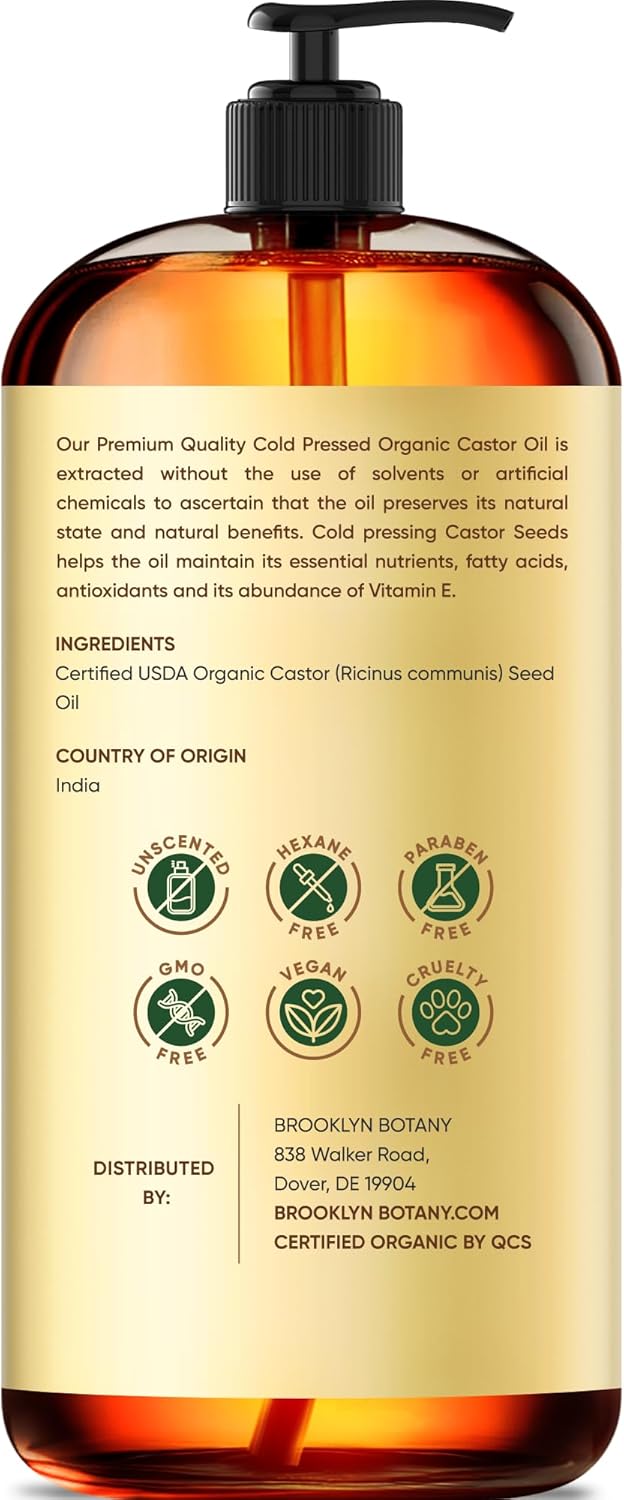 Brooklyn Botany Cold-Pressed Organic Castor Oil | 16 Fl Oz | Hair | Face | Body | 100% Pure and Natural | Carrier Oil | Aromatherapy | Massage | Ayurvedic Hair Care | Hexane-Free