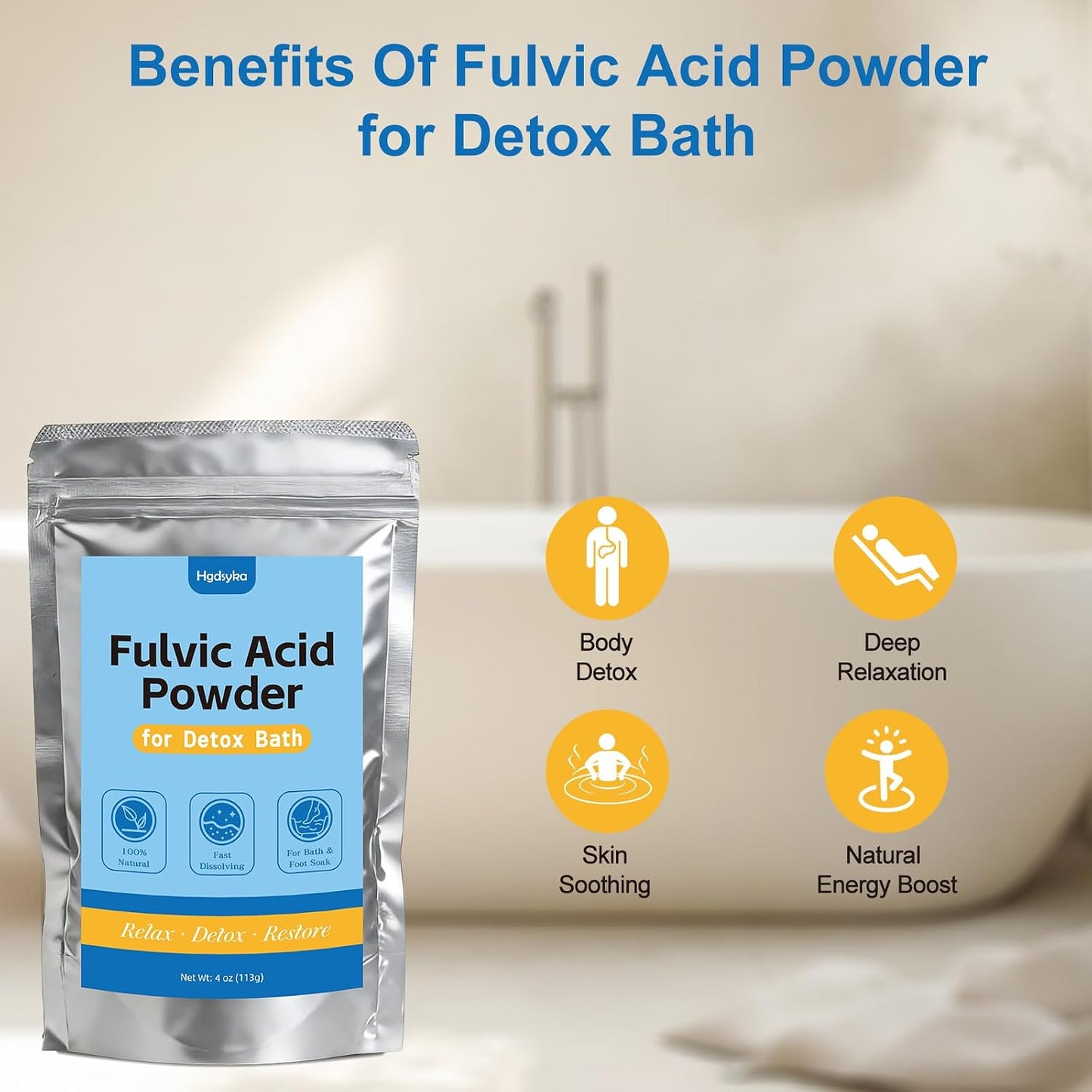 Fulvic Acid Detox Bath Soak Powder -4oz - Natural Mineral Bath Soak for Body & Foot Soak, Foot Soak for Tired Feet, Fast Dissolving Bath Powder, Gentle on Skin, Vegan Self Care, Includes 5g Scoop