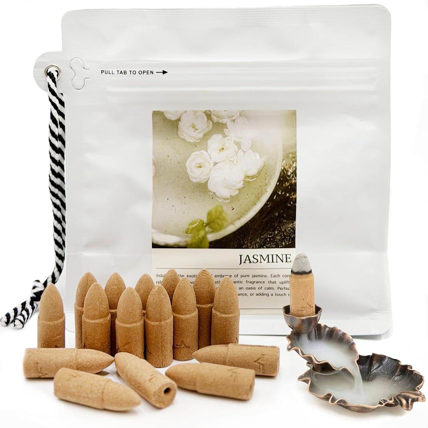 Jasmine Backflow Incense Cones - 50 Large Waterfall Back Flow Cones Scented - Includes 1 backflow Incense Burner