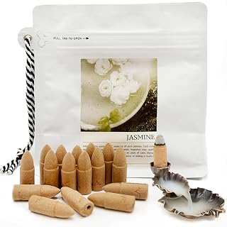 Jasmine Backflow Incense Cones - 50 Large Waterfall Back Flow Cones Scented - Includes 1 backflow Incense Burner