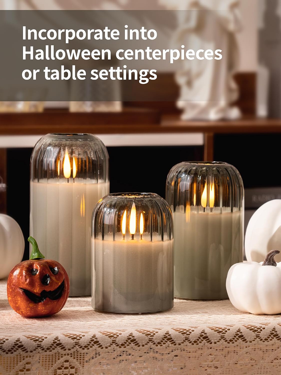 Glass Ribbed Flameless Candles - Battery Candles with Remote Timer, Green Glass LED Candles with Pumpkin Shape, Warm Light, Lasting 350 Hrs and Brightness Adjustment, Φ 3" H 4" 5" 6", Set of 3