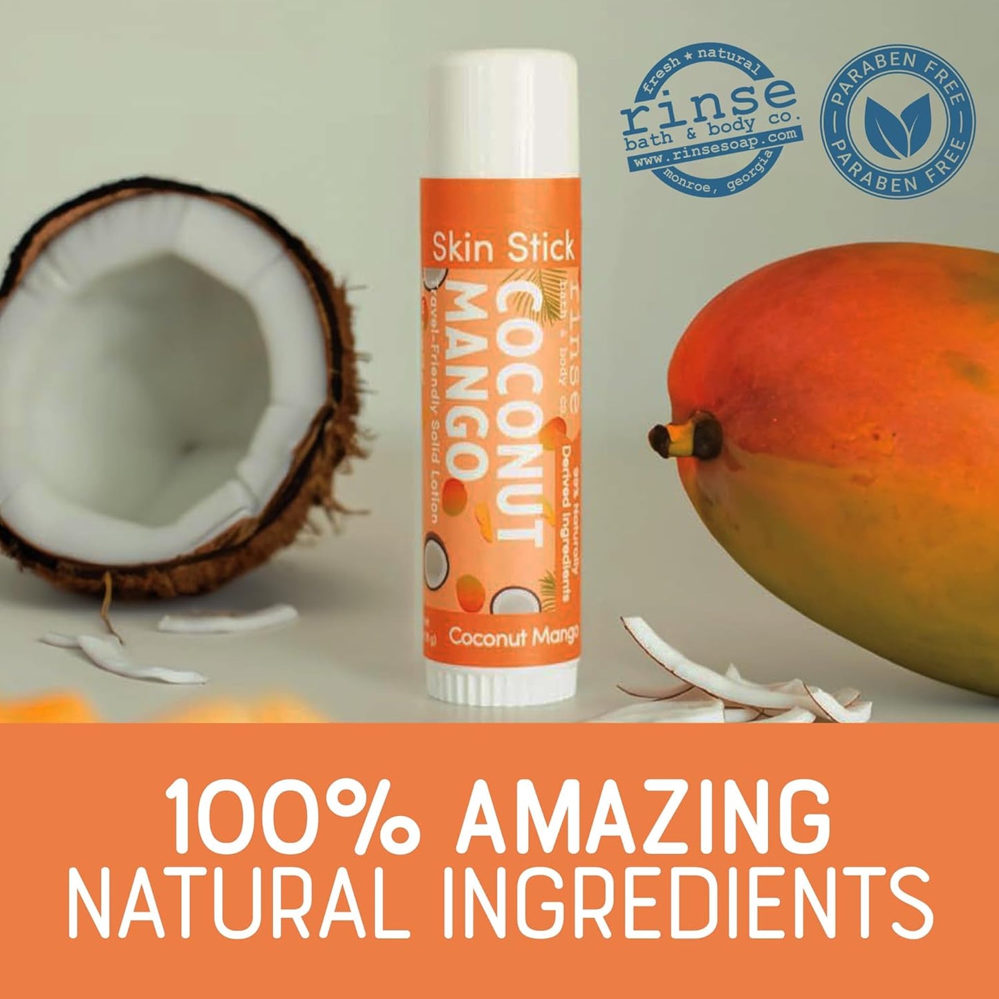 Rinse Bath & Body Coconut Mango Solid Lotion Stick - Natural Lotion Bar with Shea & Cocoa Butter, Deep Moisturizing Travel Skin Stick, Beeswax, Apricot & Avocado Oil, Handmade, 0.5 oz