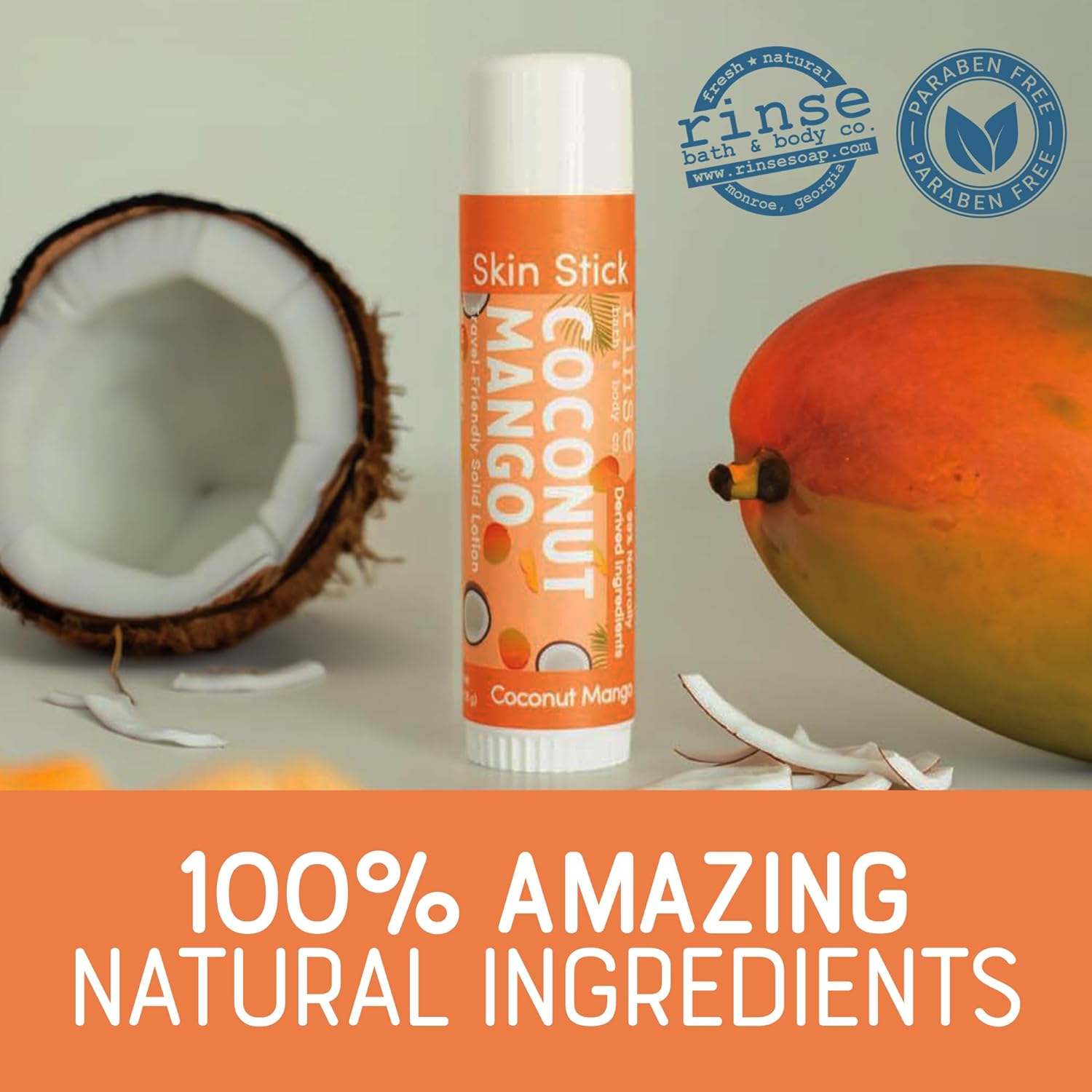 Rinse Bath & Body Coconut Mango Solid Lotion Stick - Natural Lotion Bar with Shea & Cocoa Butter, Deep Moisturizing Travel Skin Stick, Beeswax, Apricot & Avocado Oil, Handmade, 0.5 oz