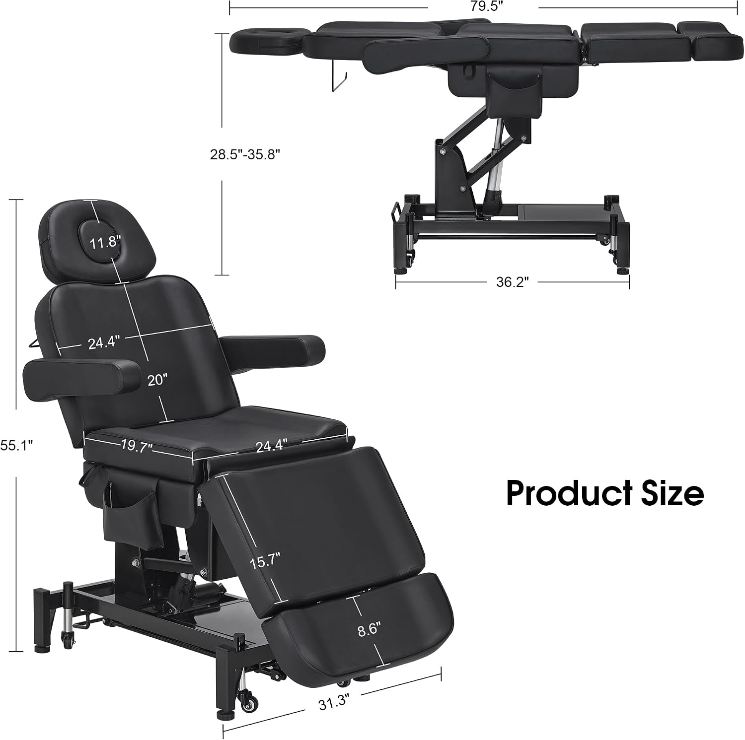 BarberPub Fully Electric Beauty Bed, 3-Motor Salon Spa Chair with Foot-Controlled Wheels, Adjustable Height, Backrest & Leg Rest – PVC Leather, Professional Facial & Treatment Table 2754 (Black)