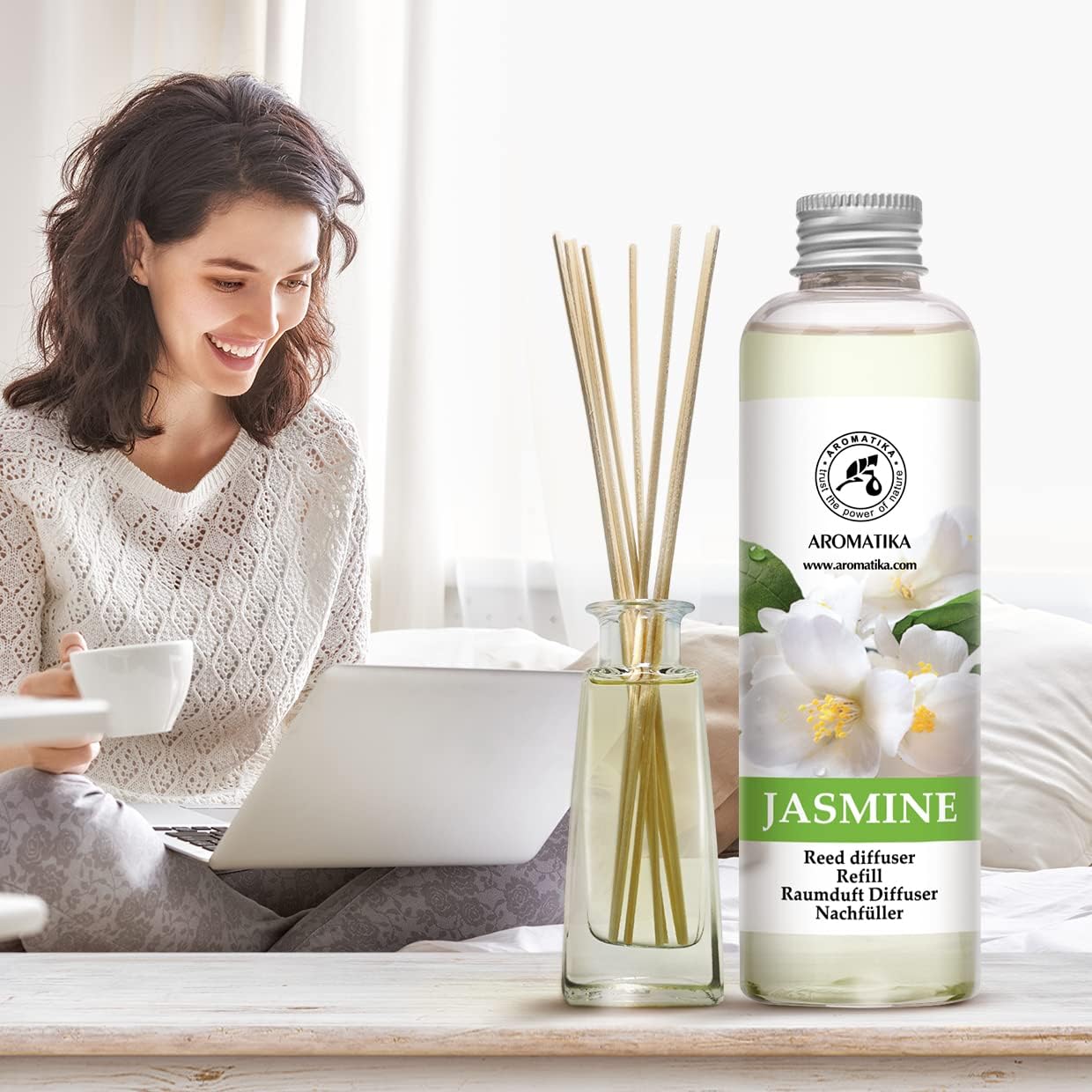 AROMATIKA Jasmine Essential Oil 200ml - Natural Reed Diffuser Refill for Long-Lasting Fragrance - Jasminum Officinale Oil - Air Freshener for Home, Office, Spa, Salon, Restaurant, Cafe, Bar