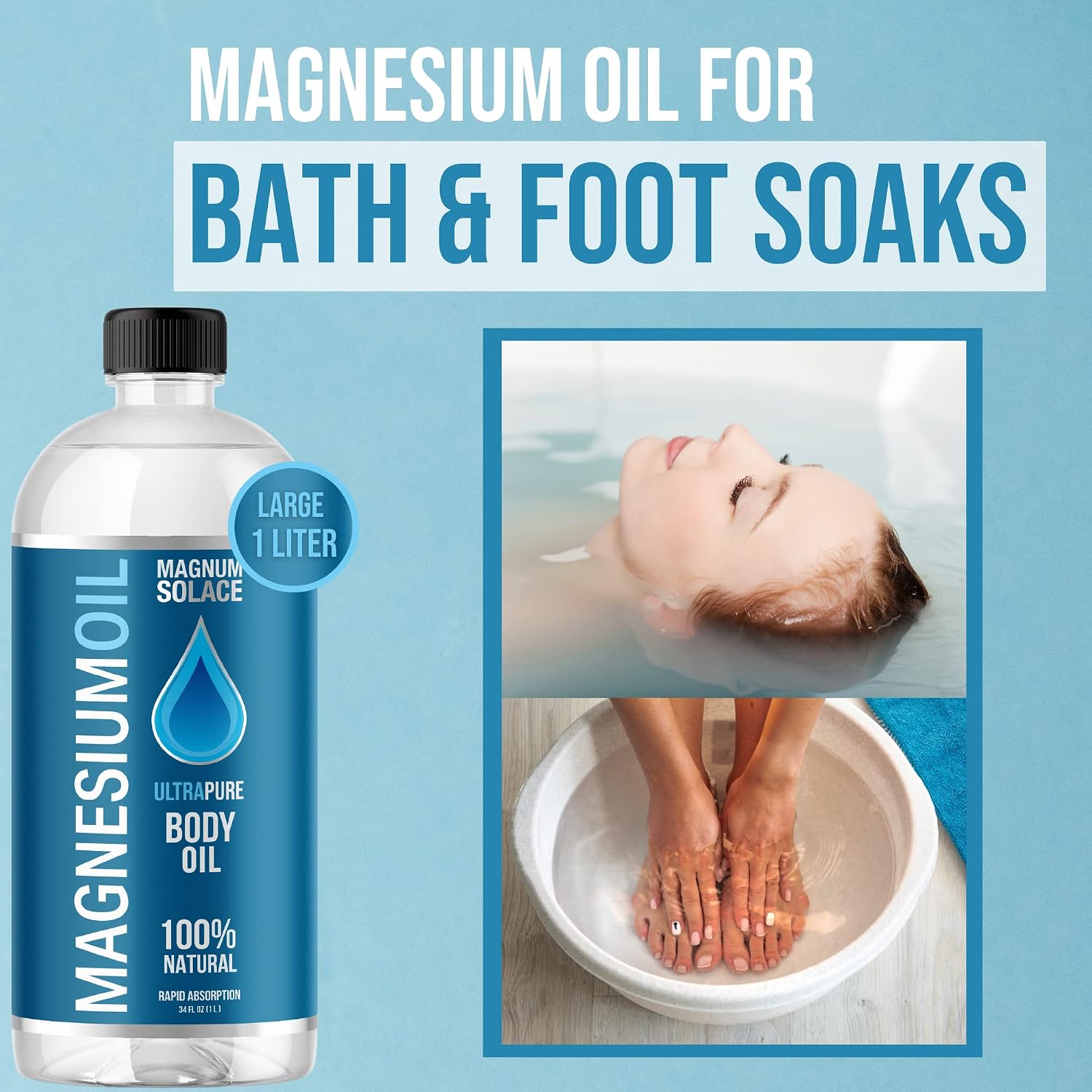 Magnesium Oil Spray and Bath Soak - Large 1 Liter (34 oz) and 2 oz Spray Bottle - Alternative to Magnesium Bath Flakes or Epsom Salts (2 Pack Bundle)