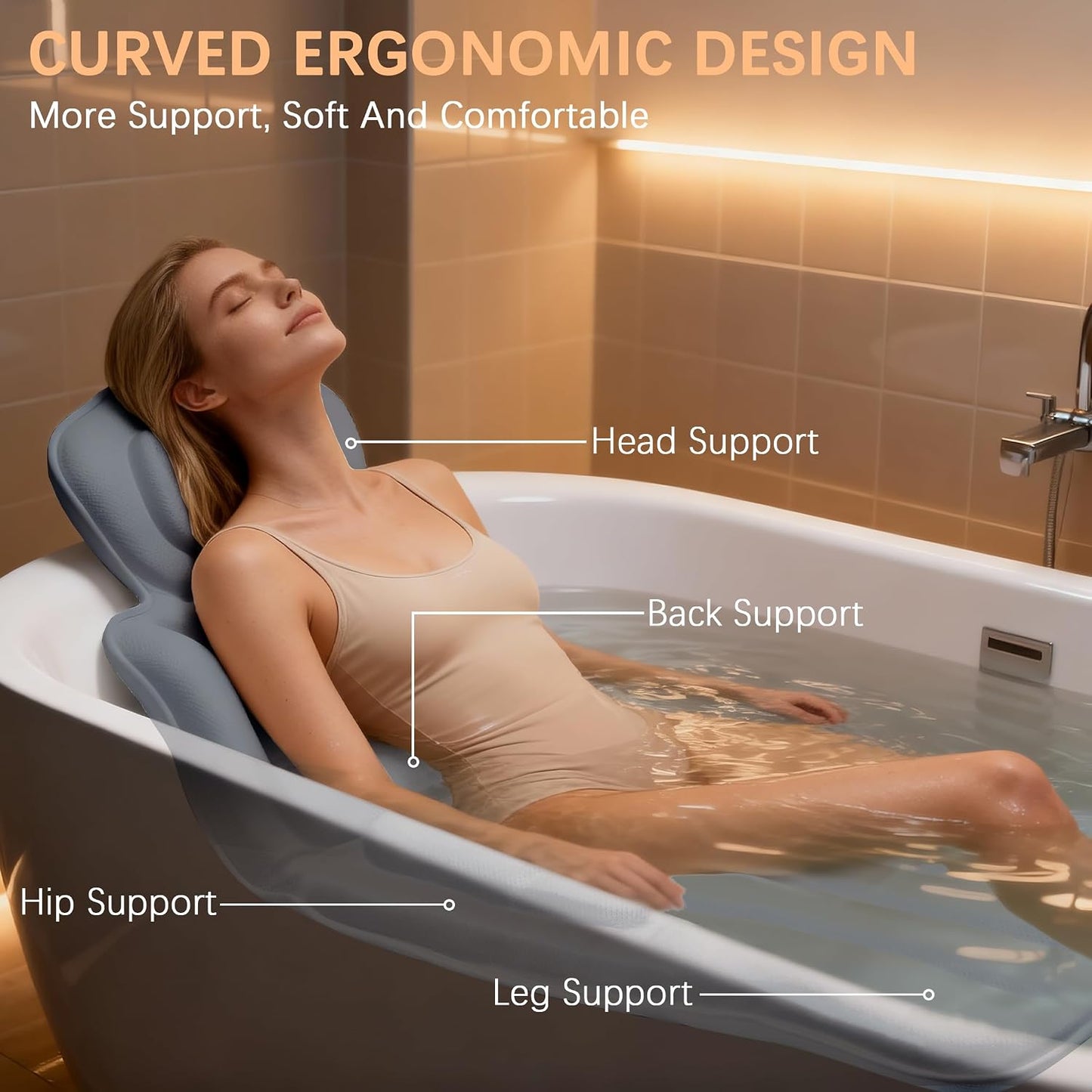 Luxury Full Body Bath Pillow for Bathtub, Extra Long & Wide 3.7" Ultra-Thick Ergonomic Spa Cushion, 5D Air Mesh Tub Pillow with 114 Suction Cups, Washable with Laundry Bag & Hook, 59 x 20 in