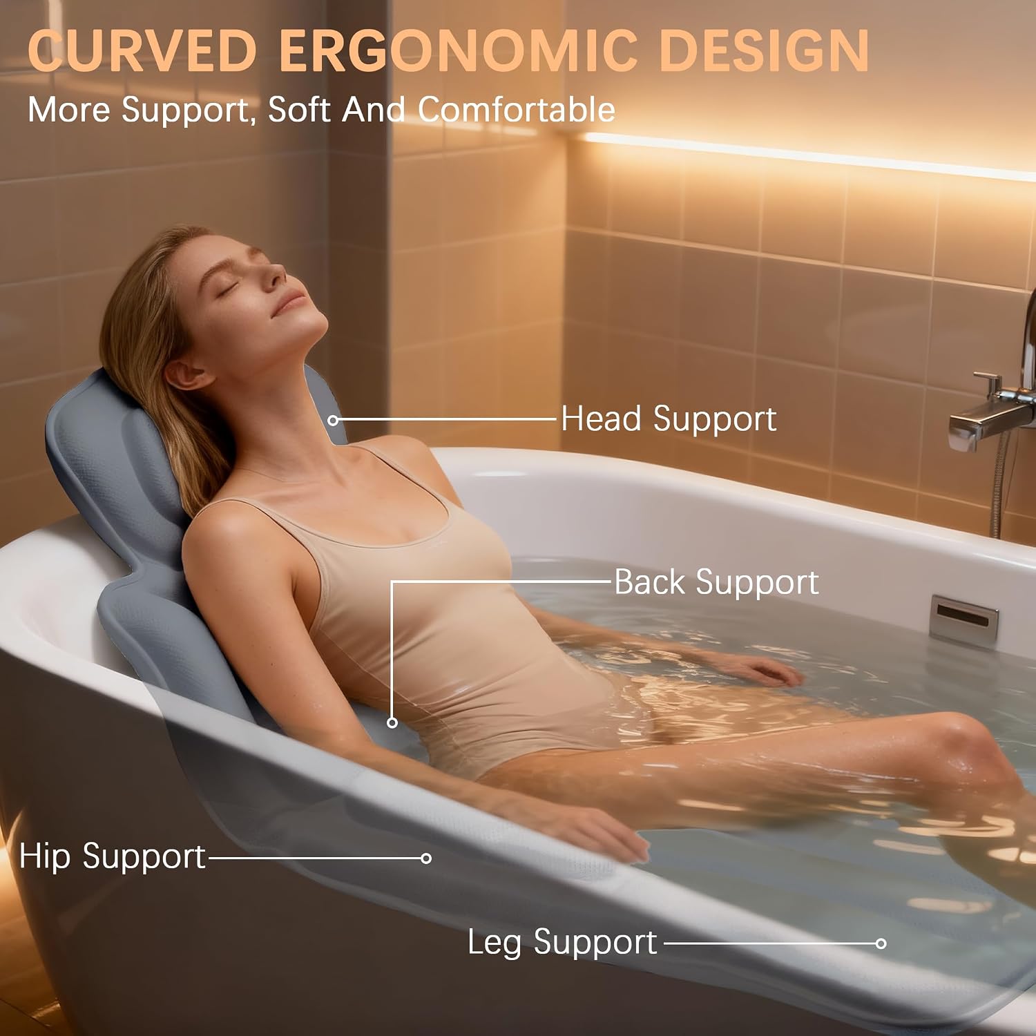 Luxury Full Body Bath Pillow for Bathtub, Extra Long & Wide 3.7" Ultra-Thick Ergonomic Spa Cushion, 5D Air Mesh Tub Pillow with 114 Suction Cups, Washable with Laundry Bag & Hook, 59 x 20 in